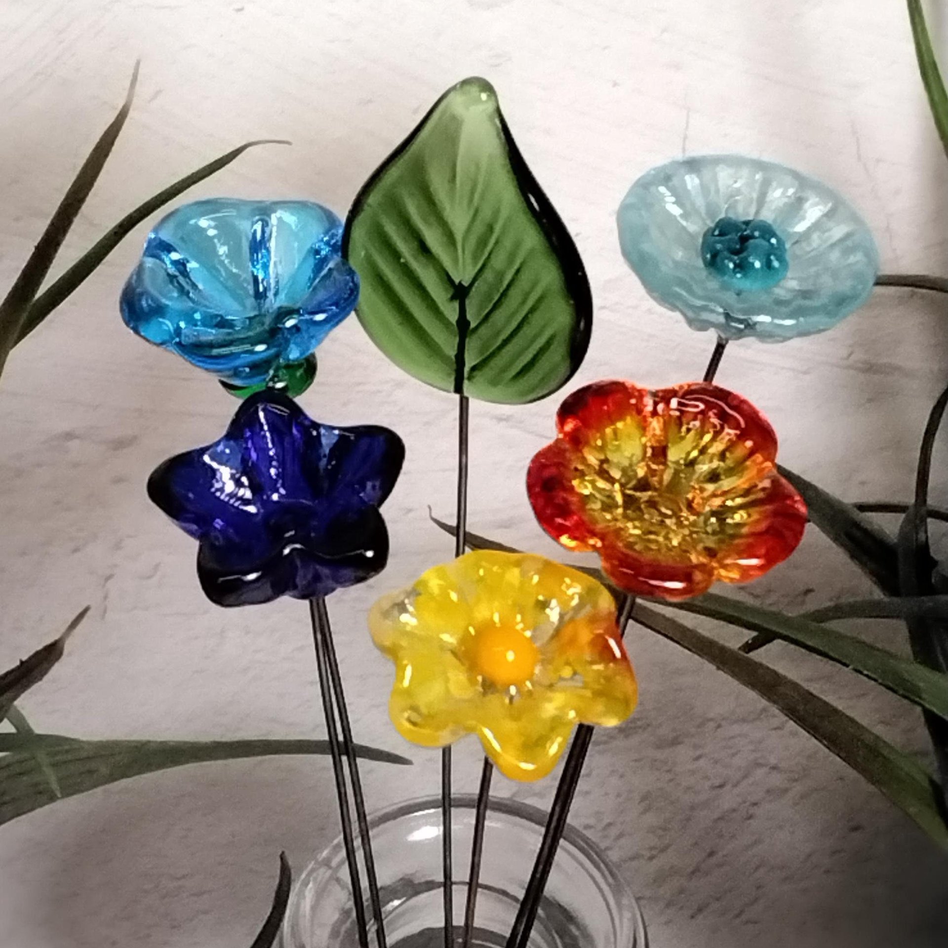 Lil' Somethin' Glass Flower Bouquet; 5 glass flowers + 1 leaf;tiny mini small glass flowers in a bouquet; gift, coworker, love, just because