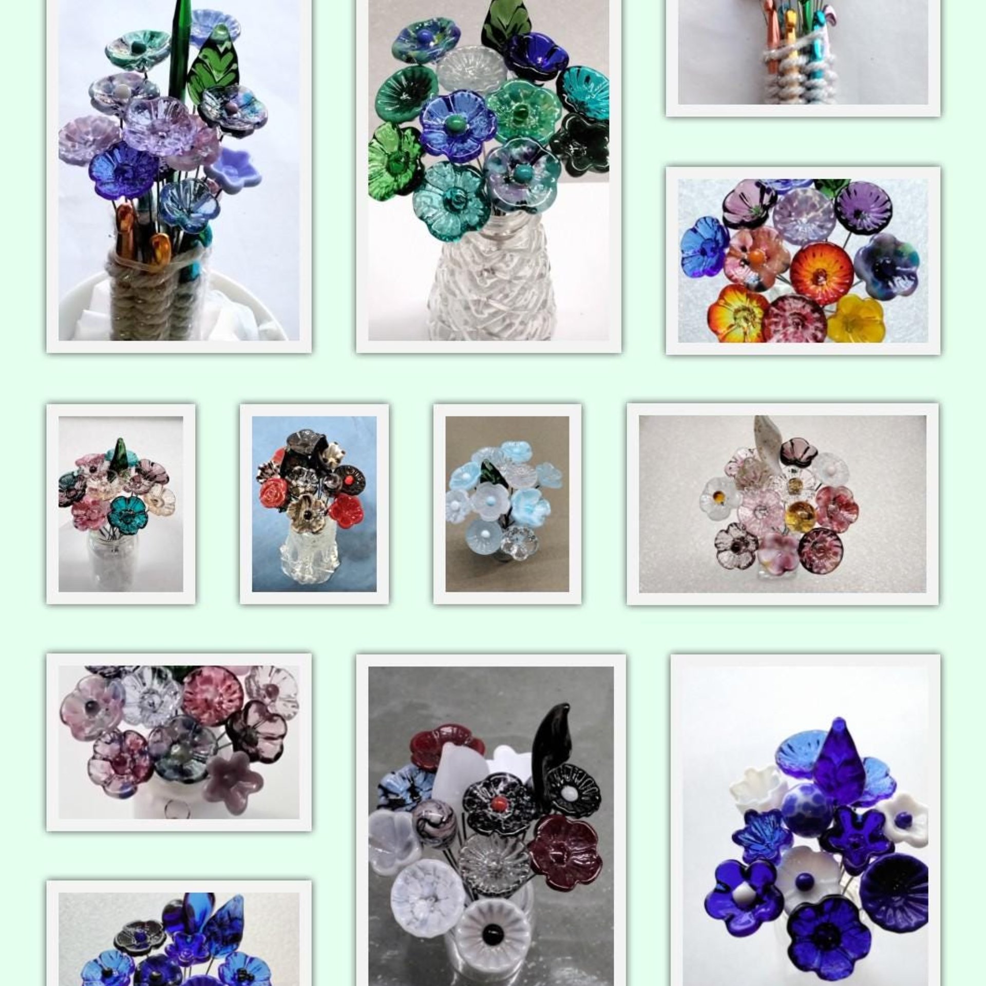 JUST FOR YOU Custom Bouquet ~ Miniature glass flower bouquet made for you! 11 flowers & 1 leaf ~tiny small glass flowers crafted lampwork