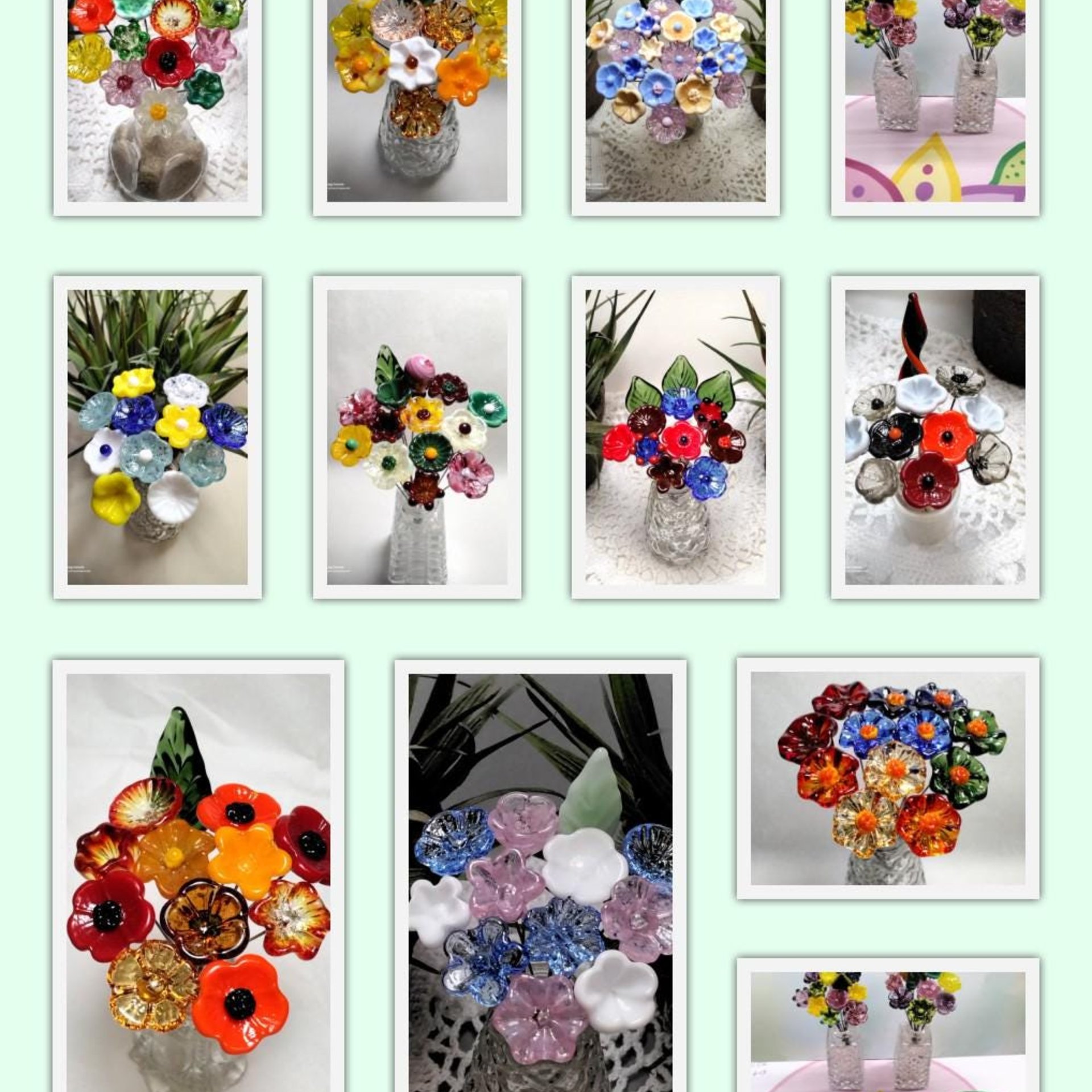JUST FOR YOU Custom Bouquet ~ Miniature glass flower bouquet made for you! 11 flowers & 1 leaf ~tiny small glass flowers crafted lampwork