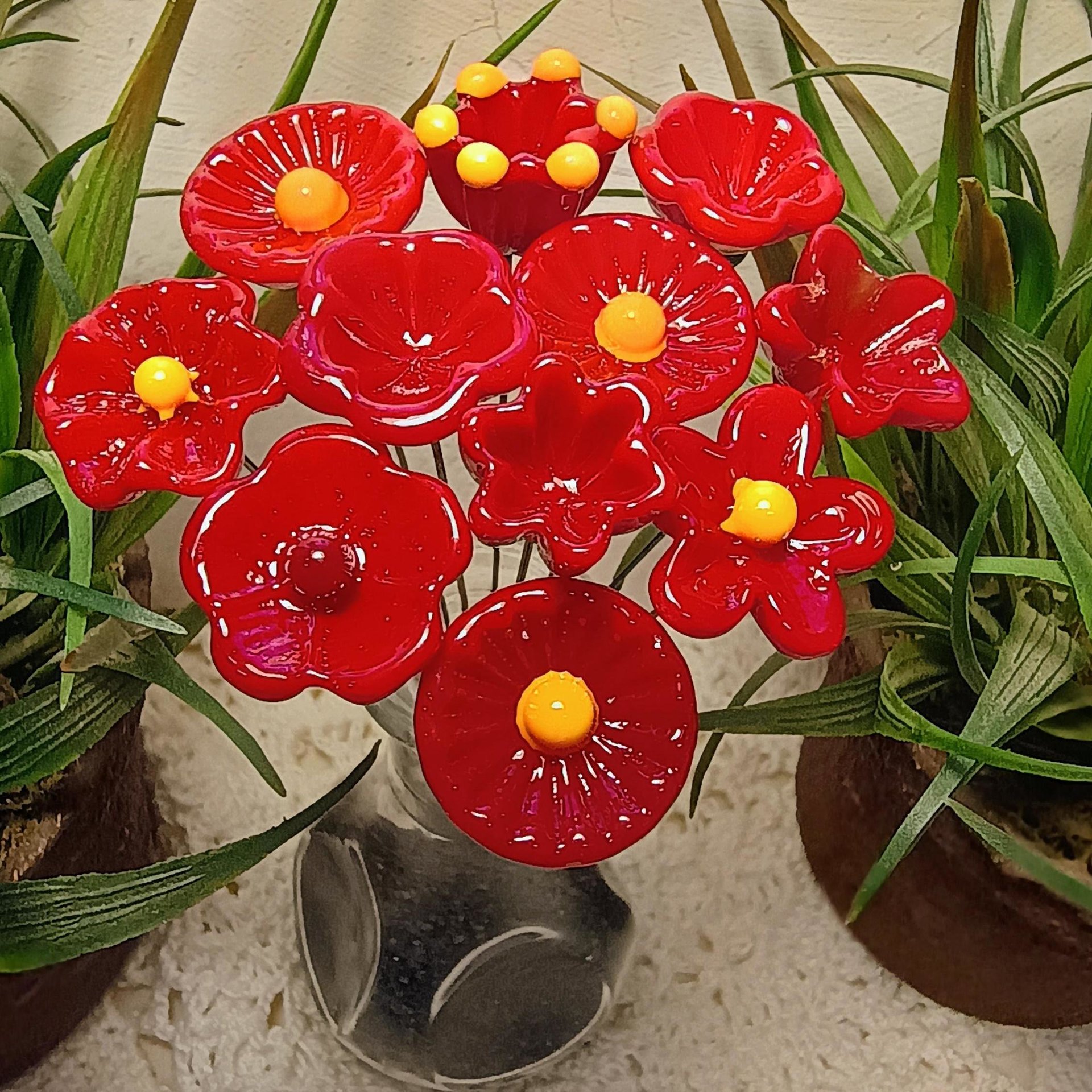 Red and Gold opaque glass flowers, headpins ~ tiny small mini glass flowers on wire; individually crafted lampwork; Med Red jewelry, gifts