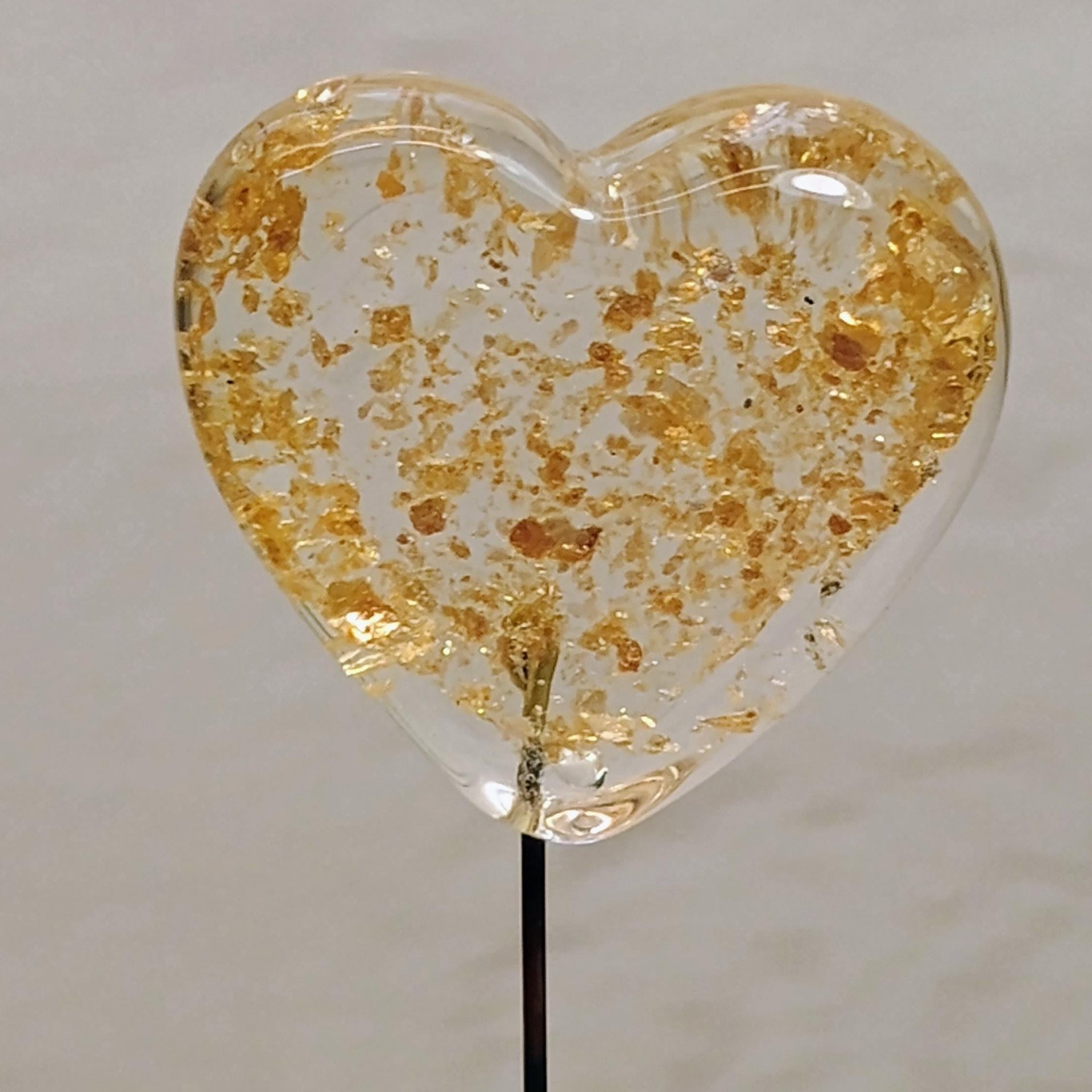 Gold Glitter Glass Heart; each one-of-a-kind! Approx 7/8 x 7/8 in on 5" wire. Glass heart headpin for floral bouquet, plants, jewelry, gifts