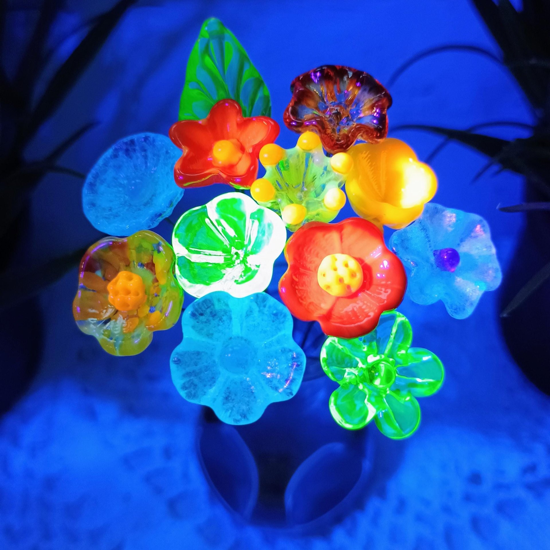 Uranium RAINBOW GLOW Bouquet multi color UV reactive mini tiny small glass flowers individually crafted lampwork colorful bouquet 395nm best