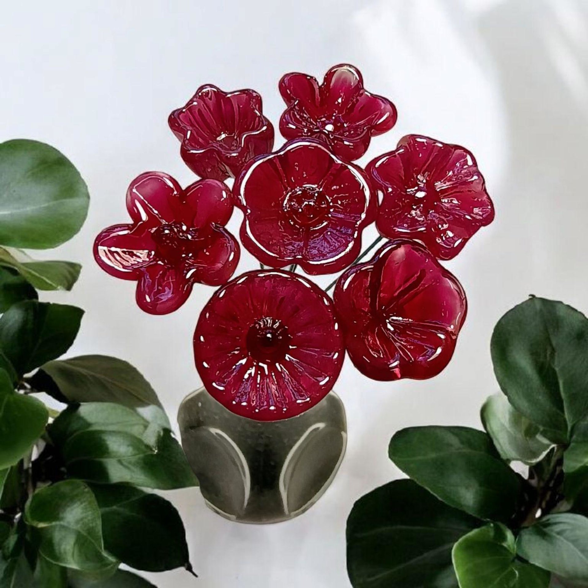 Cranberry Raspberry Ruby glass flowers, tiny small mini glass flowers on wire; handcrafted lampwork, jewelry, mixed media, plant pick, gifts
