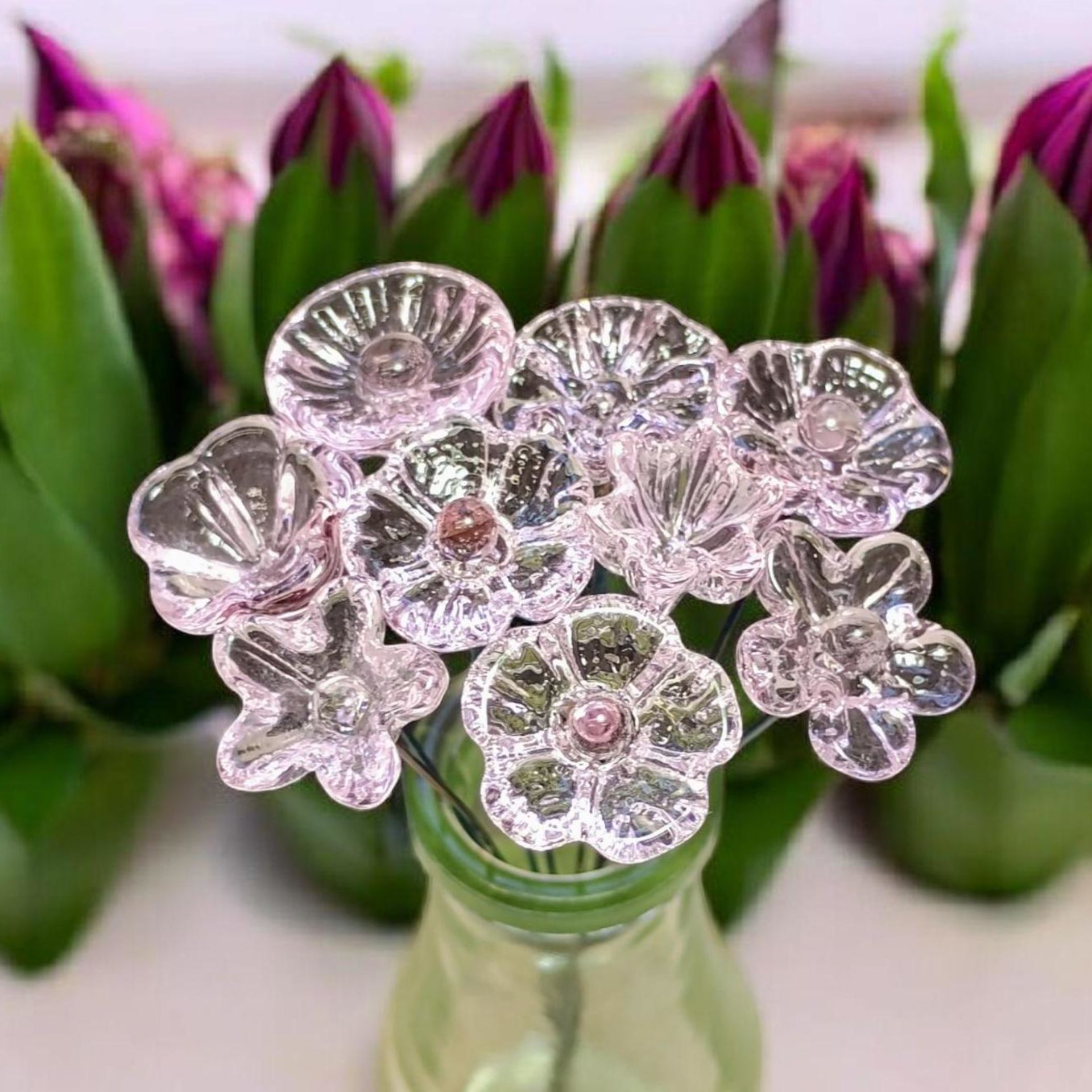 Pink Crystal glass flowers ~ tiny small miniature glass flowers on wire; for small bouquet gifts or jewelry, glass flowers made in my studio