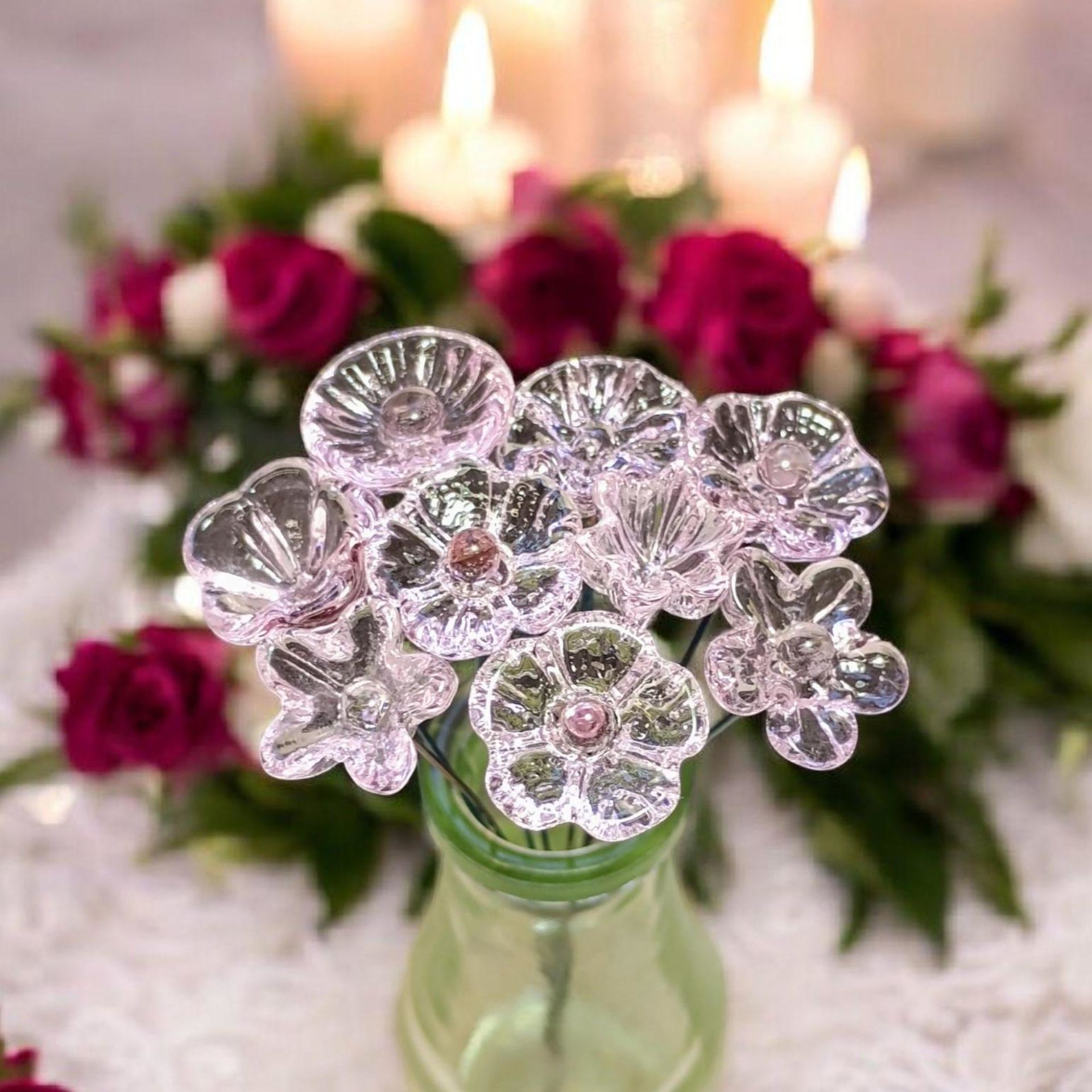 Pink Crystal glass flowers ~ tiny small miniature glass flowers on wire; for small bouquet gifts or jewelry, glass flowers made in my studio