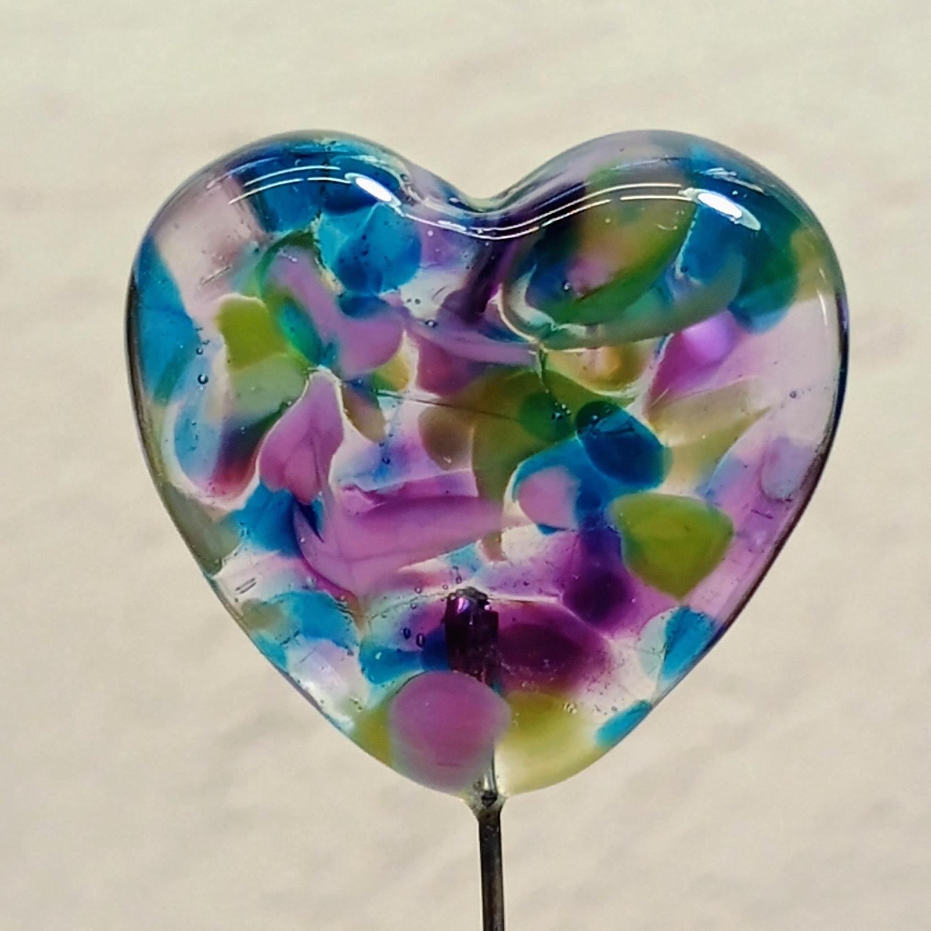 Glass Heart Plant Pick: Hydrangia Swirl heart on 5in wire. Use for floral bouquet, cake, plants, jewelry, gifts; each unique Measures 3/4in