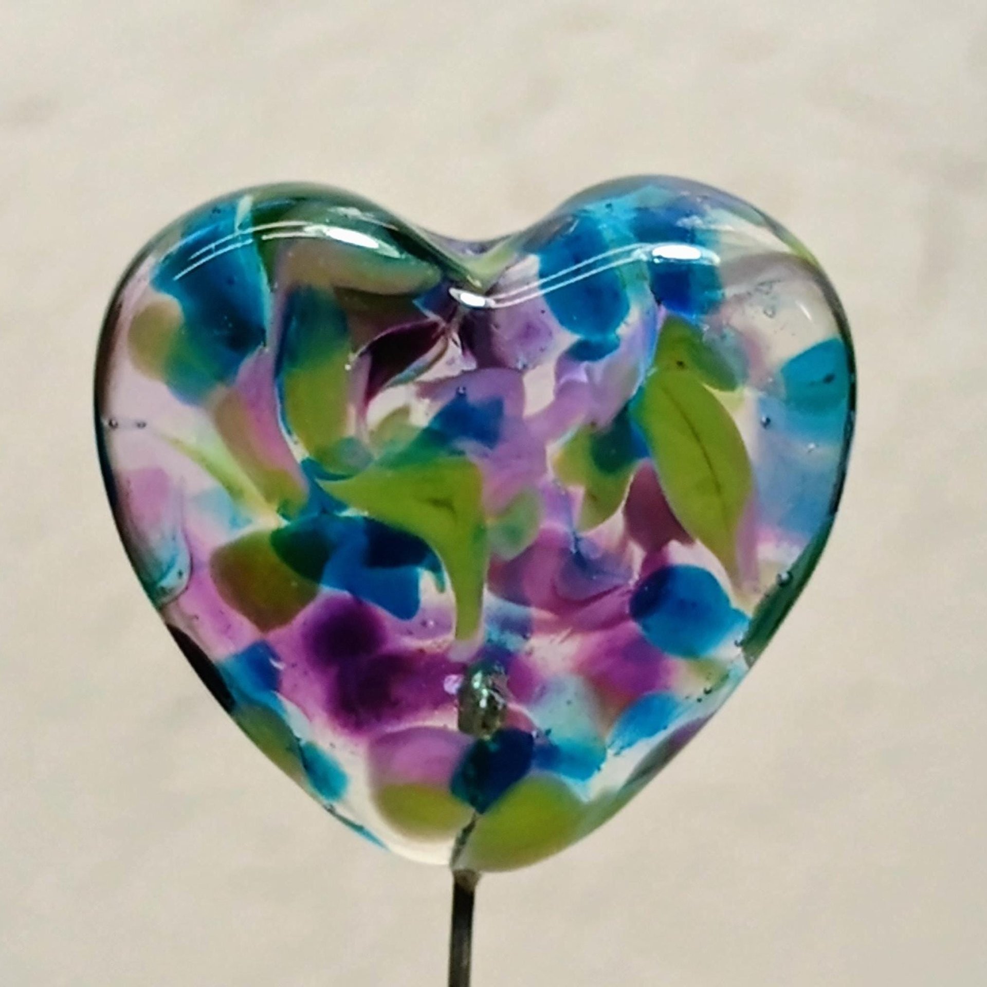 Glass Heart Plant Pick: Hydrangia Swirl heart on 5in wire. Use for floral bouquet, cake, plants, jewelry, gifts; each unique Measures 3/4in