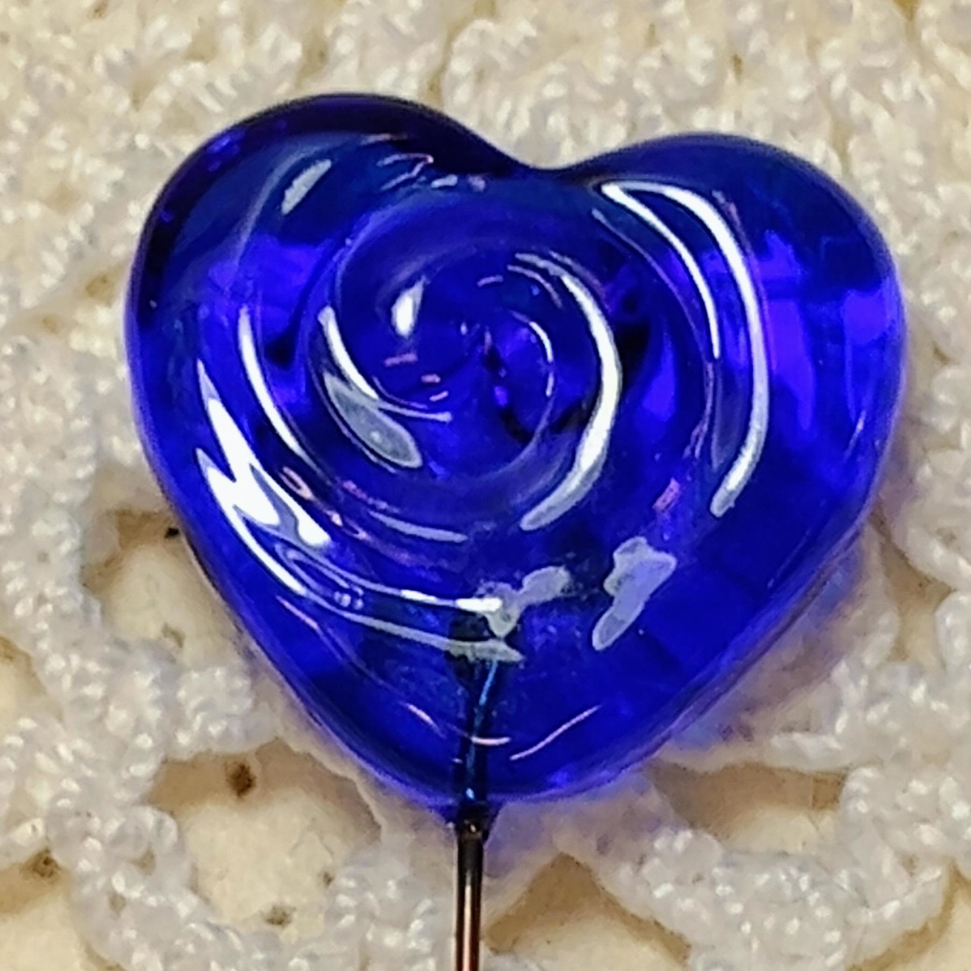 Blue Water Ripples Glass Heart Plant Pick: Medium Blue with Ripple Swirl imprint. Use for floral bouquet, plants, gifts, wedding.  3/4in