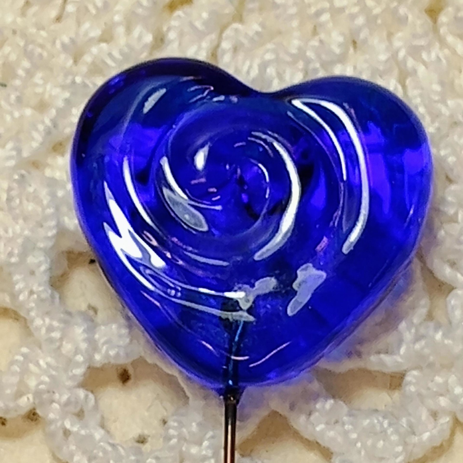 Blue Water Ripples Glass Heart Plant Pick: Medium Blue with Ripple Swirl imprint. Use for floral bouquet, plants, gifts, wedding.  3/4in