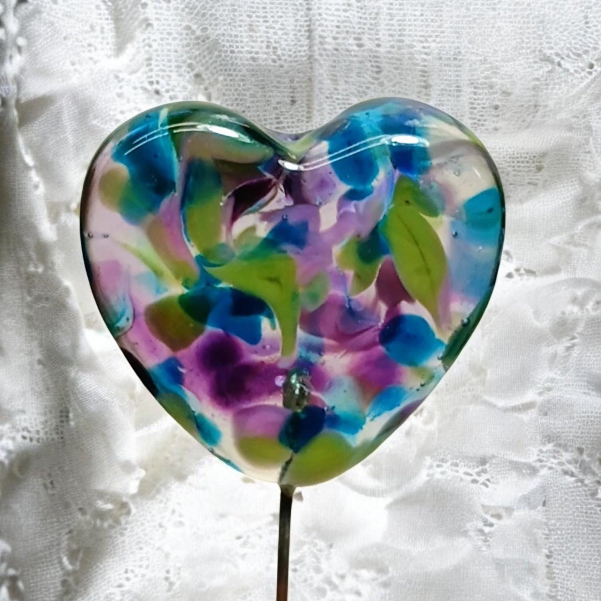 Glass Heart Plant Pick: Hydrangia Swirl heart on 5in wire. Use for floral bouquet, cake, plants, jewelry, gifts; each unique Measures 3/4in