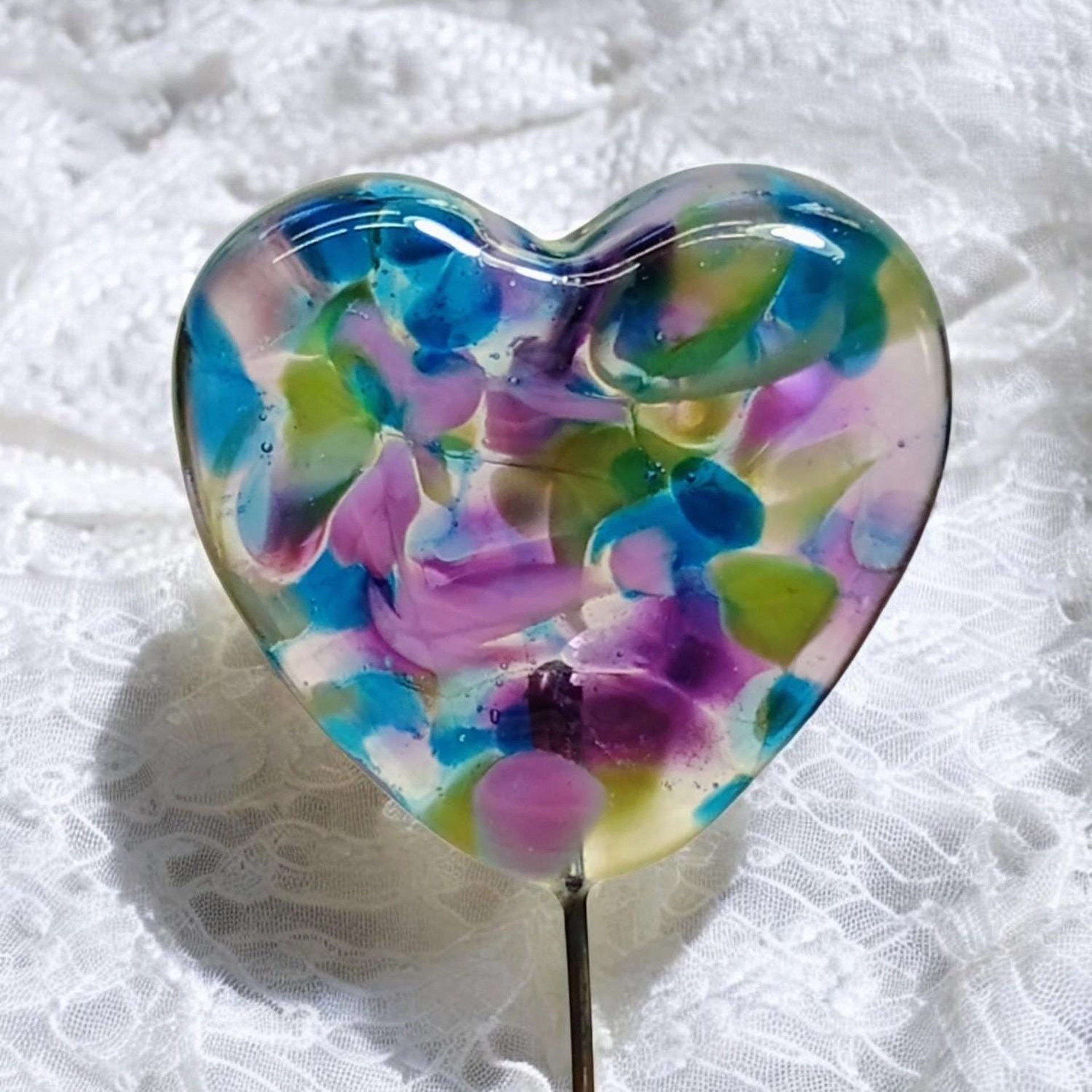 Glass Heart Plant Pick: Hydrangia Swirl heart on 5in wire. Use for floral bouquet, cake, plants, jewelry, gifts; each unique Measures 3/4in