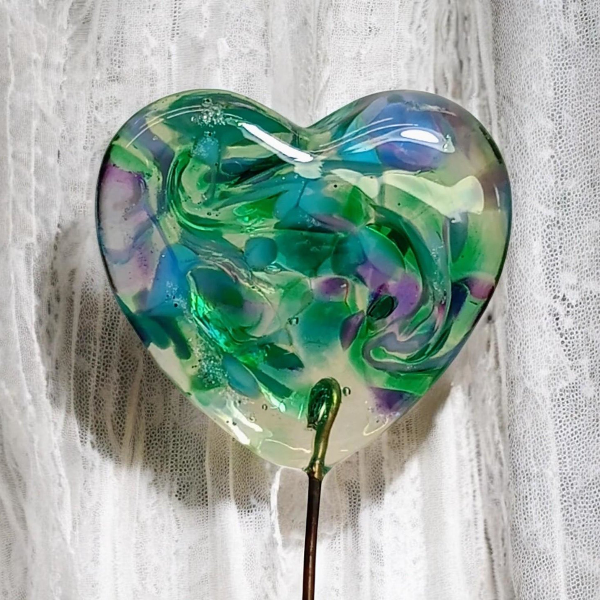 Glass Heart Plant Pick: Emerald Island, Heart on 5in wire. Use for floral bouquet, plants, jewelry, gifts; each unique Measures 3/4in