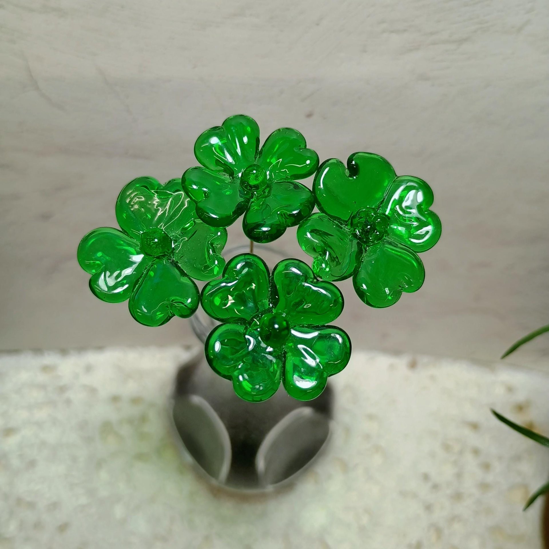 Glass 4 leaf Clover Shamrock, Luck of the Irish, kelly green handblown lampwork plant pick on 5in wire. bouquet, Irish gift, approx 3/4inch