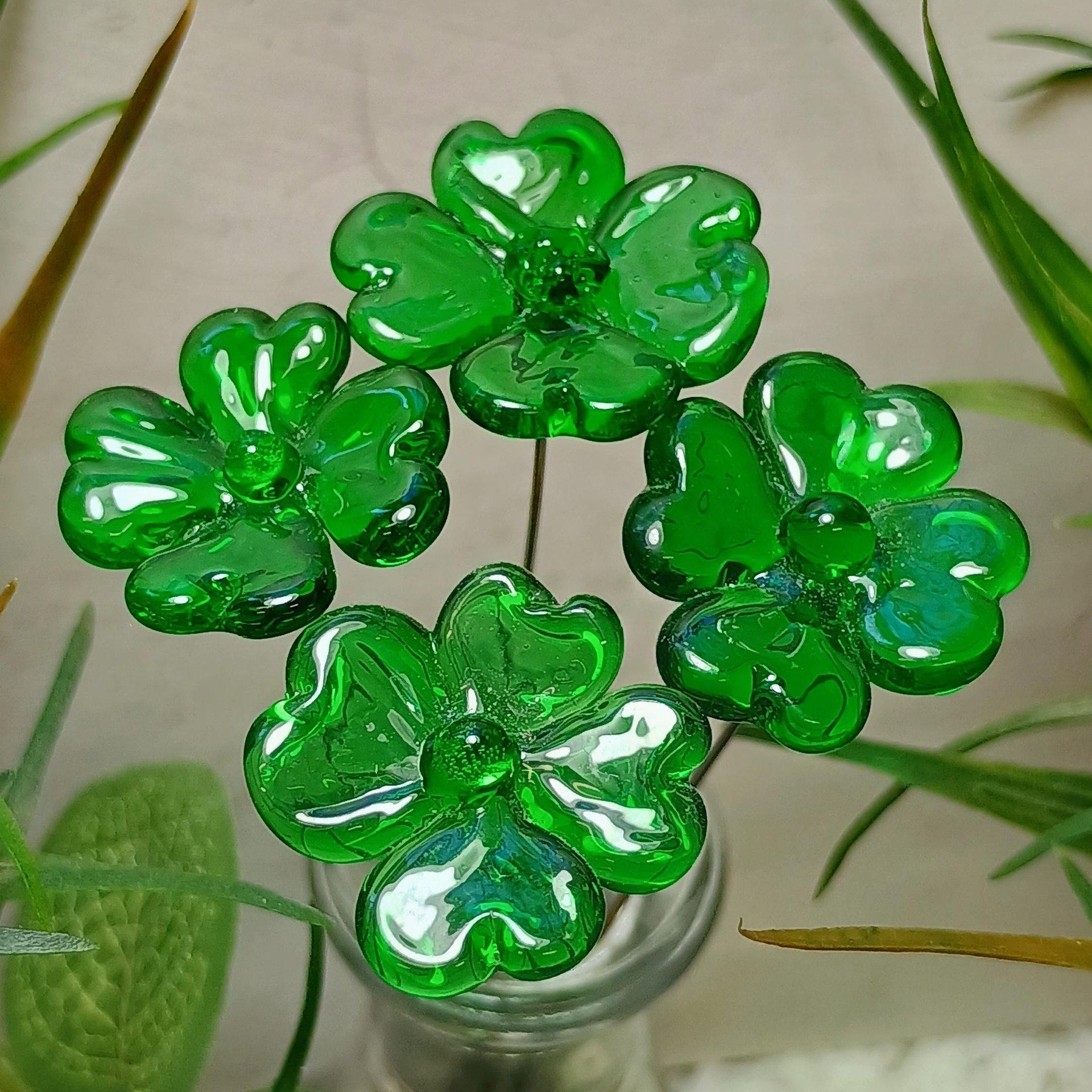 Glass 4 leaf Clover Shamrock, Luck of the Irish, kelly green handblown lampwork plant pick on 5in wire. bouquet, Irish gift, approx 3/4inch