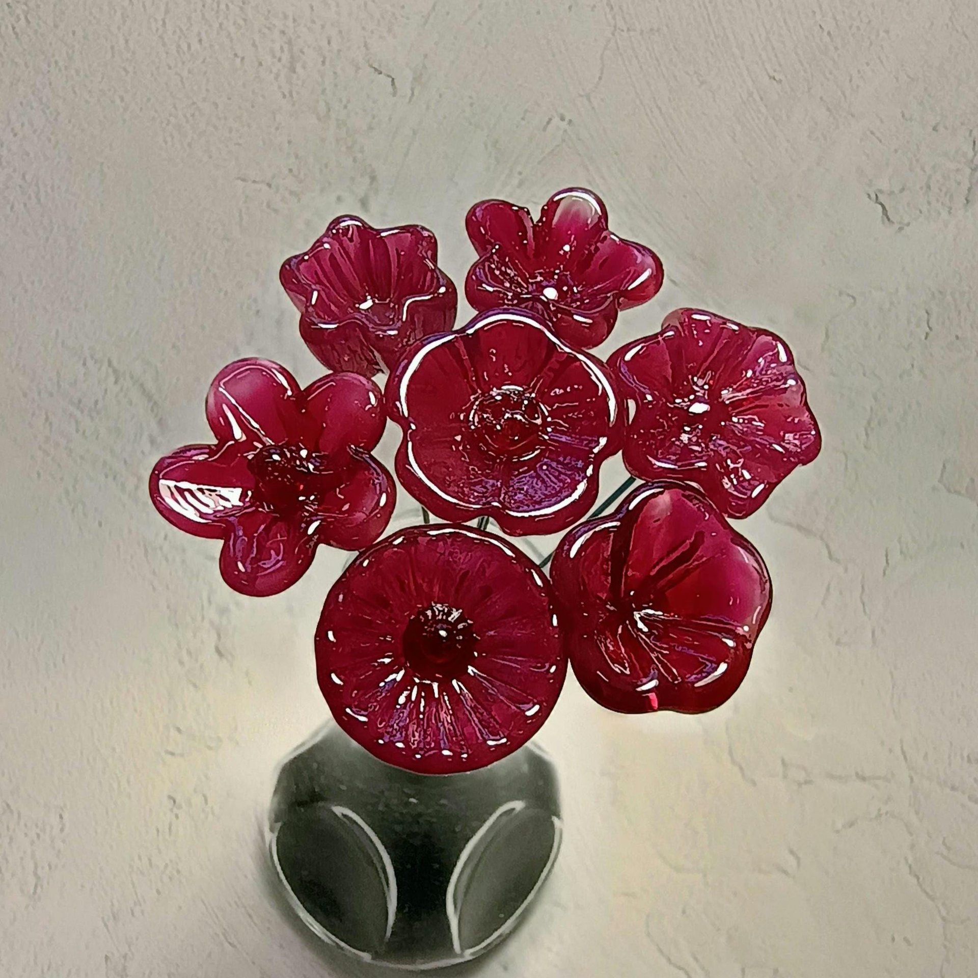 Cranberry Raspberry Ruby glass flowers, tiny small mini glass flowers on wire; handcrafted lampwork, jewelry, mixed media, plant pick, gifts