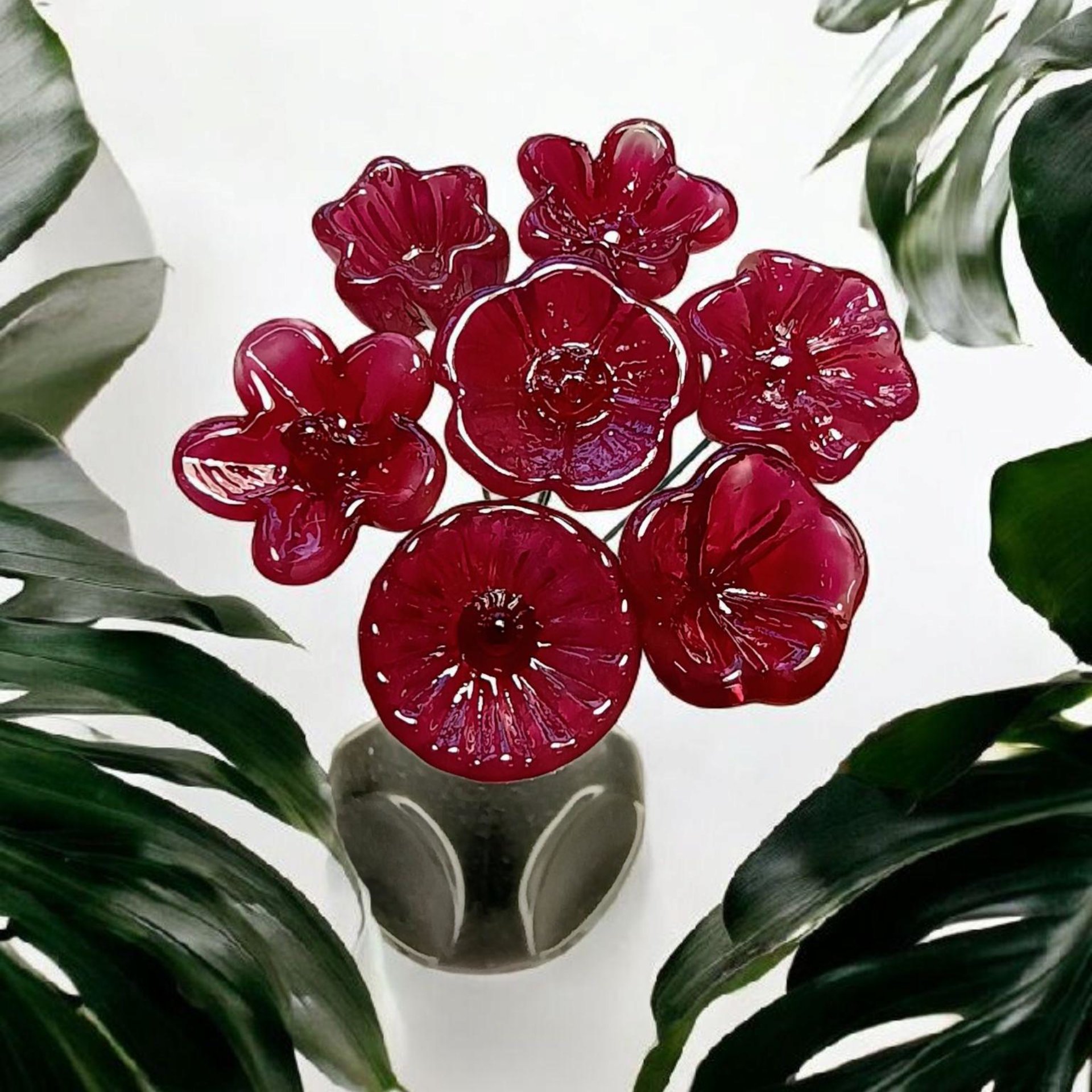 Cranberry Raspberry Ruby glass flowers, tiny small mini glass flowers on wire; handcrafted lampwork, jewelry, mixed media, plant pick, gifts