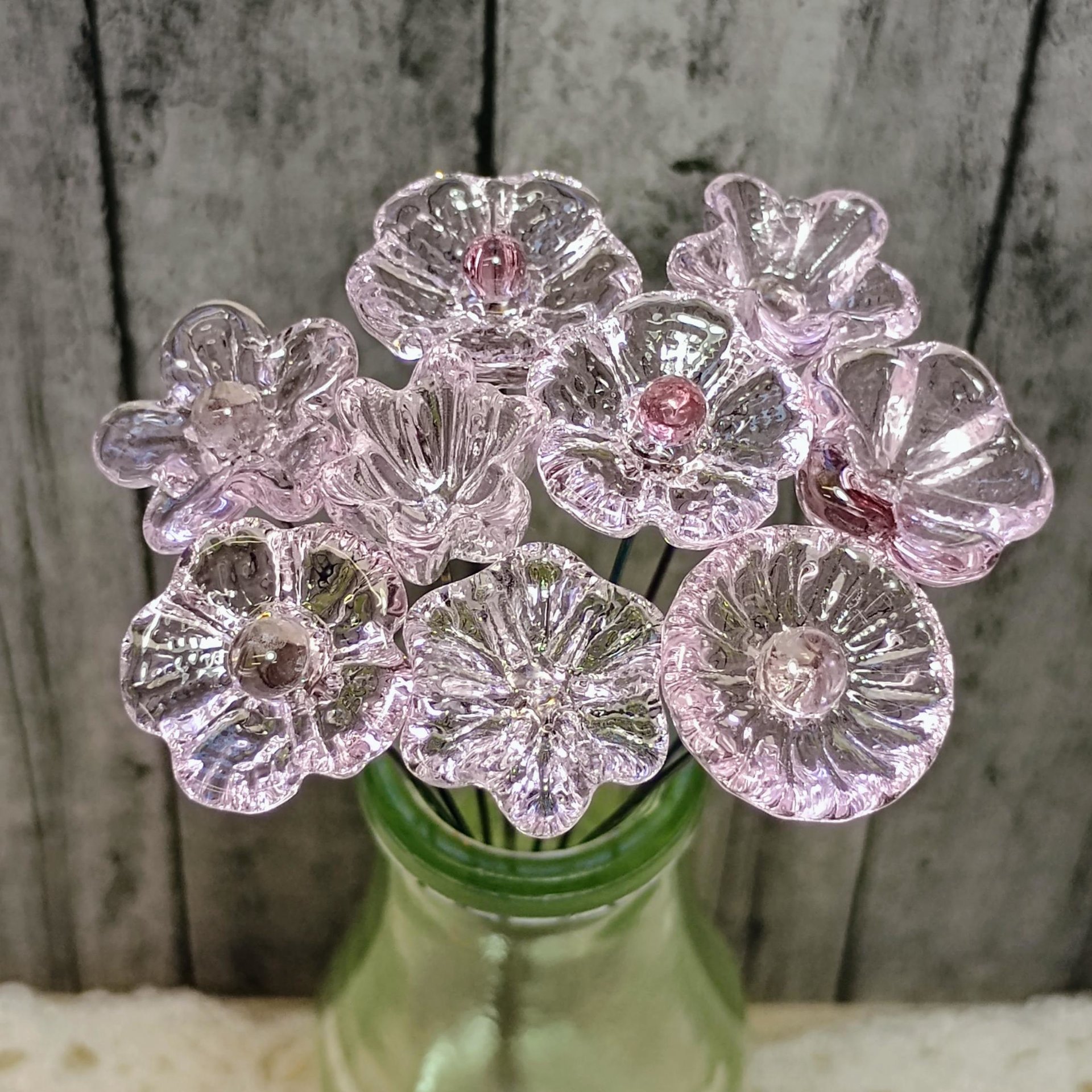 Pink Crystal glass flowers ~ tiny small miniature glass flowers on wire; for small bouquet gifts or jewelry, glass flowers made in my studio