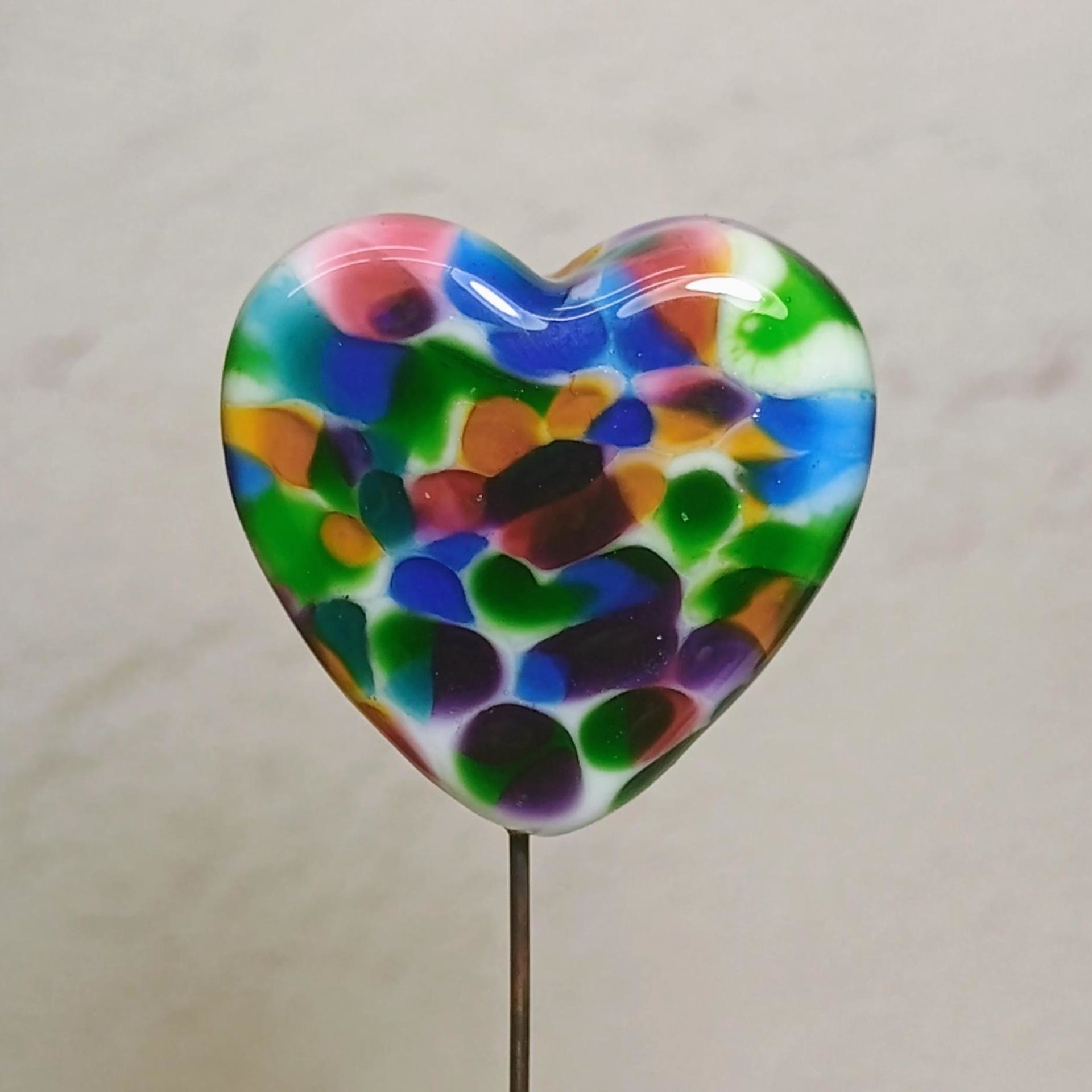 Glass Heart Plant Pick: TieDye Rainbow, Heart on 5in wire. Use for floral bouquet, plants, jewelry, wedding gifts each unique Measures 3/4in