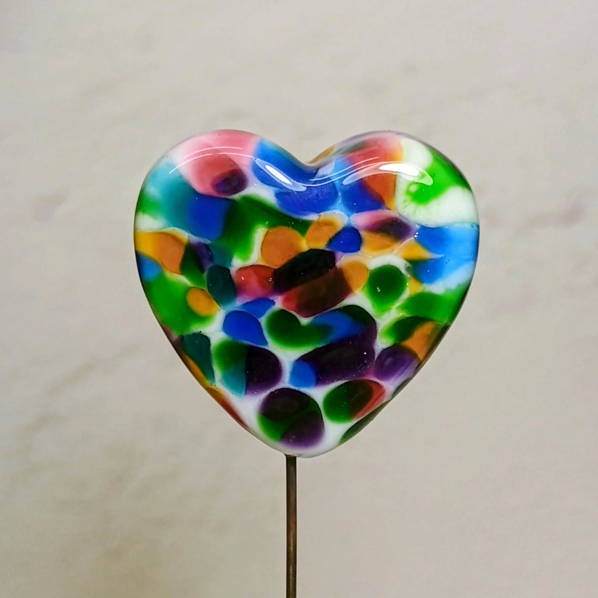 Glass Heart Plant Pick: TieDye Rainbow, Heart on 5in wire. Use for floral bouquet, plants, jewelry, wedding gifts each unique Measures 3/4in