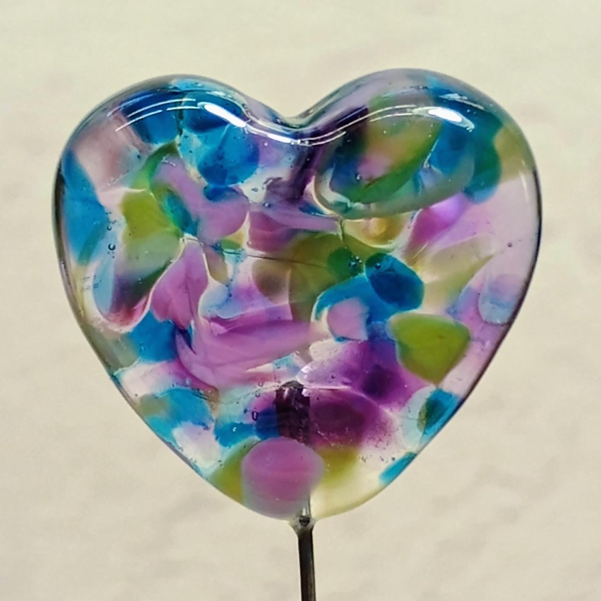 Glass Heart Plant Pick: Hydrangia Swirl heart on 5in wire. Use for floral bouquet, cake, plants, jewelry, gifts; each unique Measures 3/4in