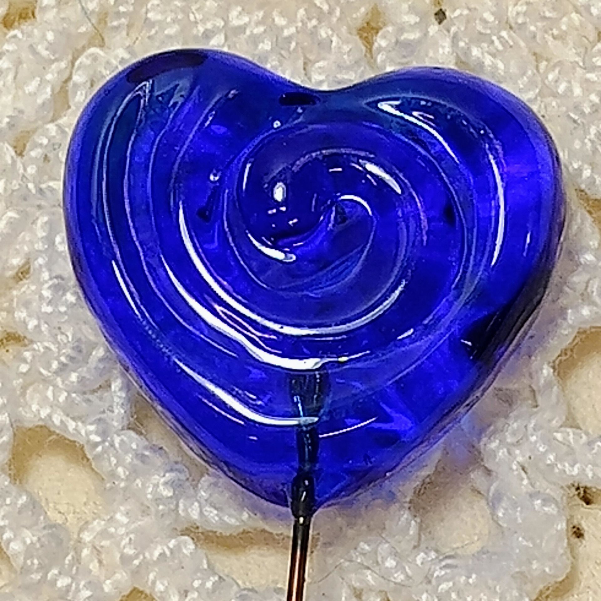 Blue Water Ripples Glass Heart Plant Pick: Medium Blue with Ripple Swirl imprint. Use for floral bouquet, plants, gifts, wedding.  3/4in