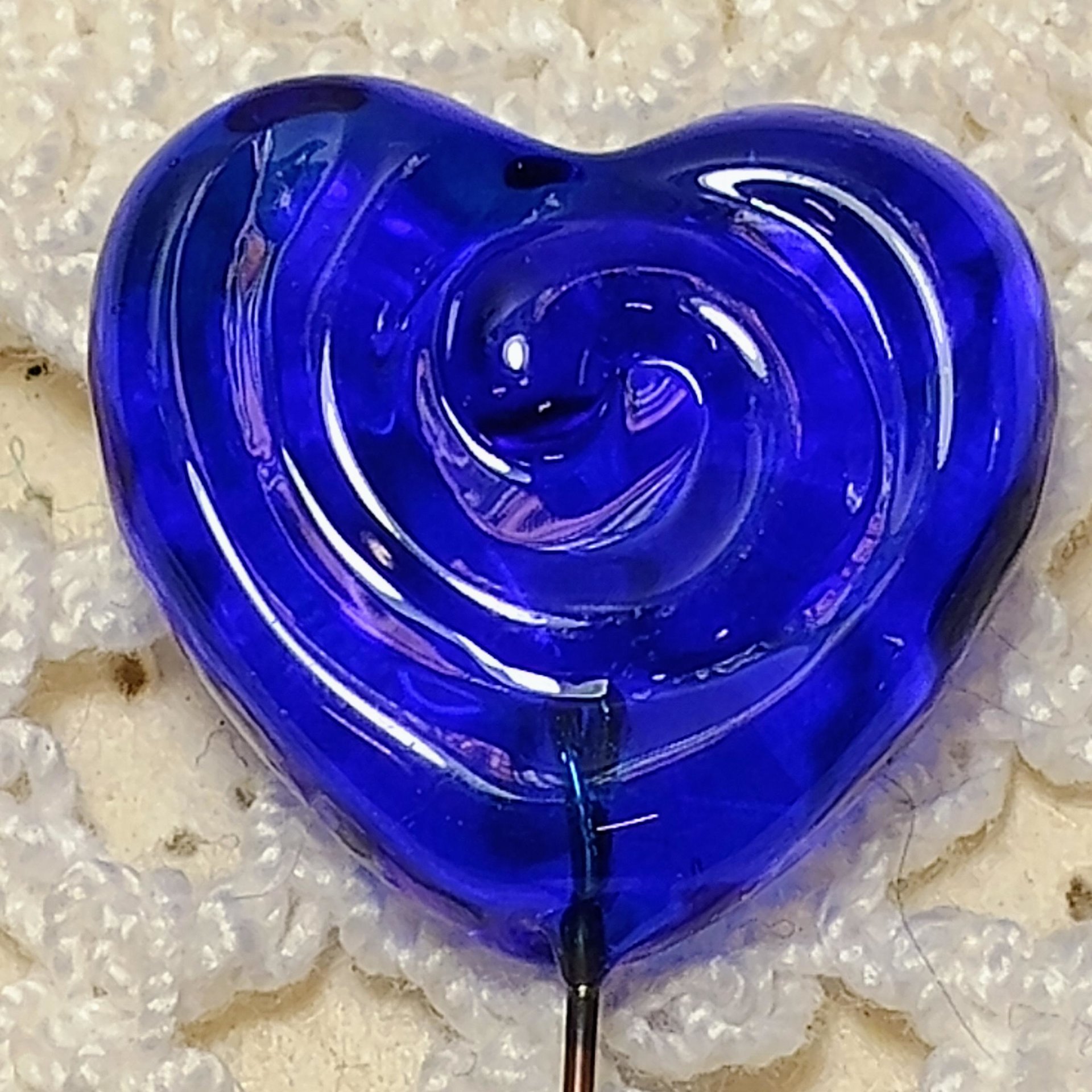 Blue Water Ripples Glass Heart Plant Pick: Medium Blue with Ripple Swirl imprint. Use for floral bouquet, plants, gifts, wedding.  3/4in