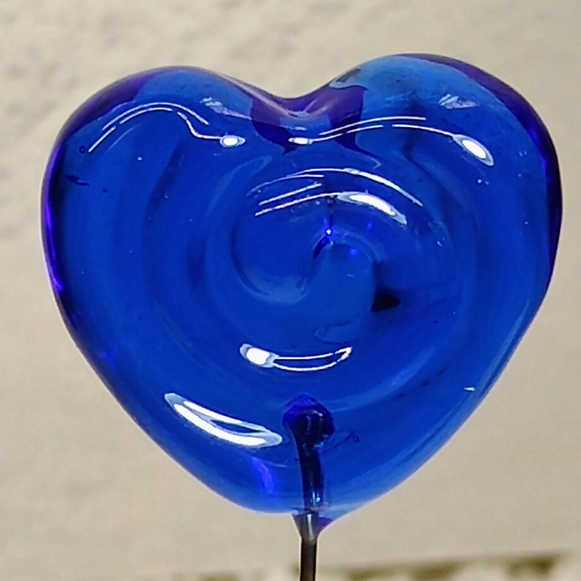 Blue Water Ripples Glass Heart Plant Pick: Medium Blue with Ripple Swirl imprint. Use for floral bouquet, plants, gifts, wedding.  3/4in