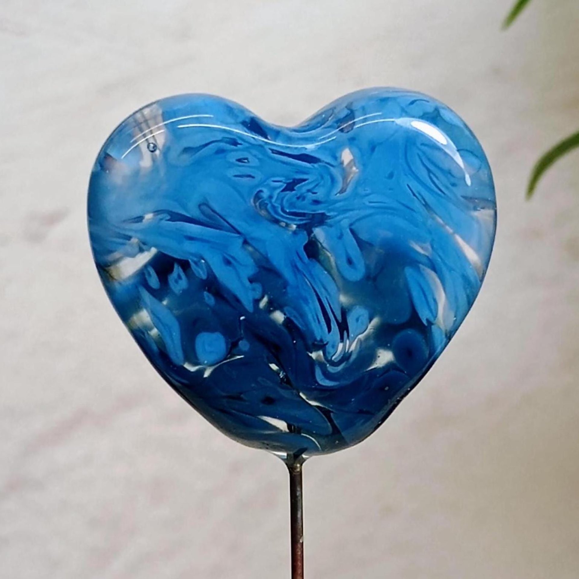 Glass Heart: Denim Blue Jean Quaker Slate on 5in wire. Use for floral bouquet, plants, jewelry, gifts; each unique Measures 3/4in x 3/4in