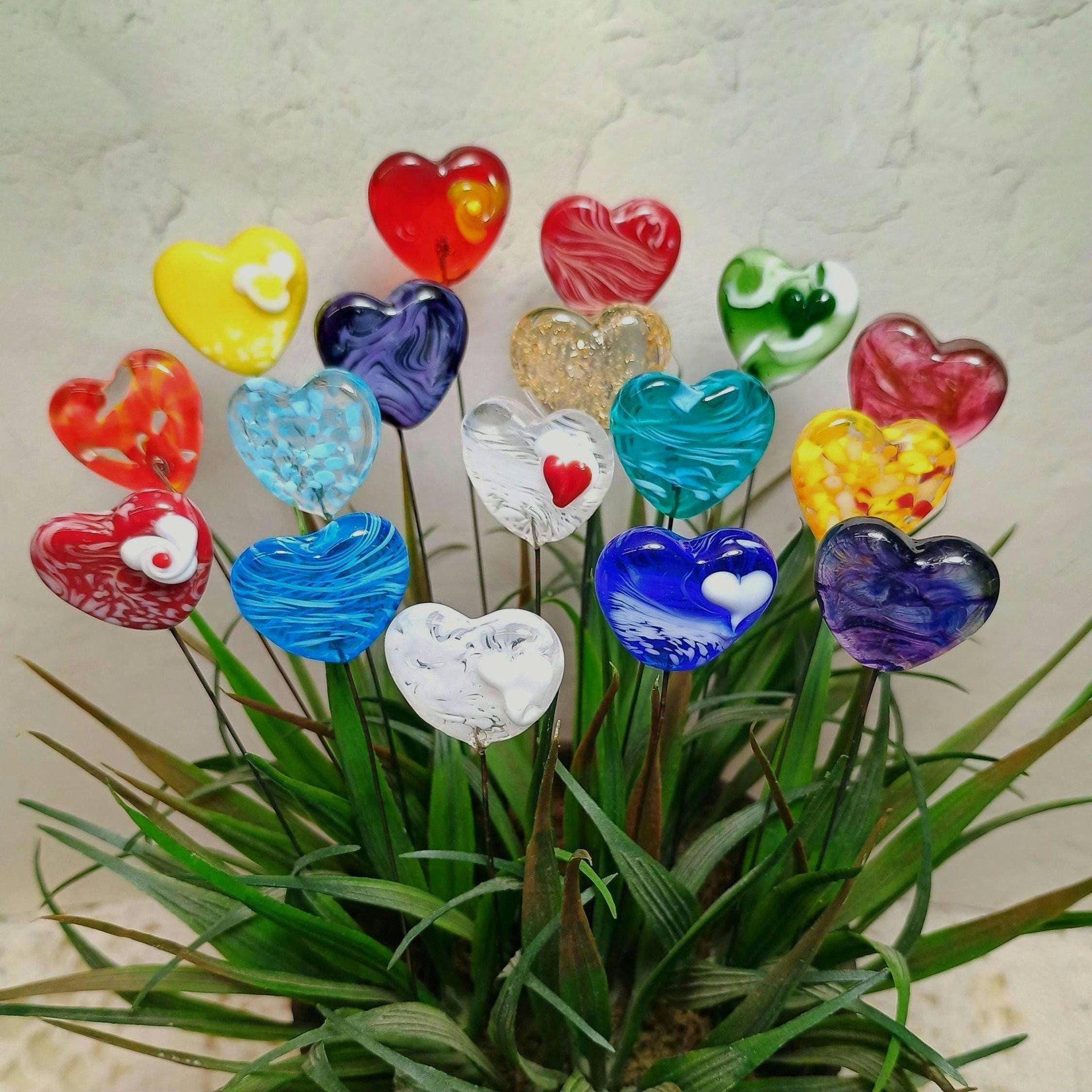 Custom Made Glass Heart Plant Pick for small floral bouquet, 3/4"x5in wire; handcraft lampwork, jewelry, gift, curio, windowsill, small vase