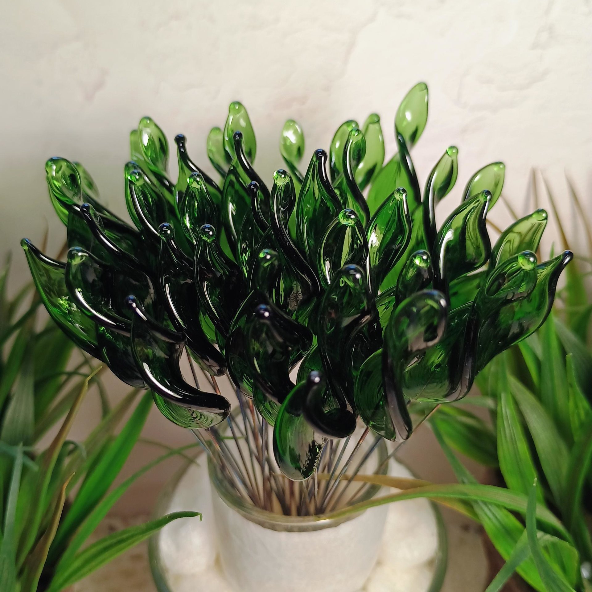 Sage Twist Spike/Leaf glass headpins;  small, tiny miniature flowers on wire  ~ individually crafted lampwork