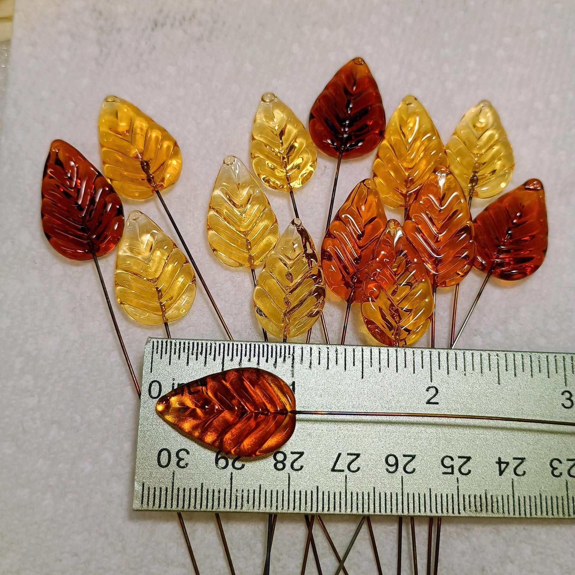 Amber Glass Leaves variety of ambers, fall autumn leaf on 5" wire; each unique; pendant, jewelry, bouquet, plants, wedding, mixed media