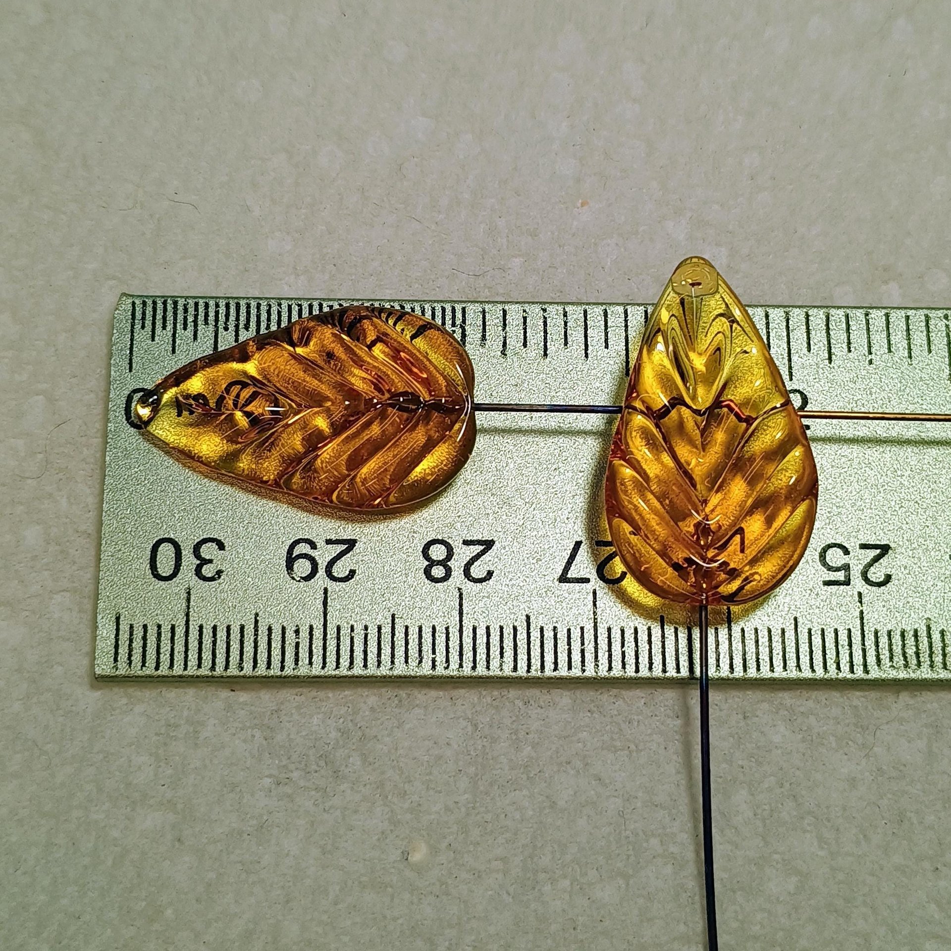 Amber Glass Leaves variety of ambers, fall autumn leaf on 5" wire; each unique; pendant, jewelry, bouquet, plants, wedding, mixed media