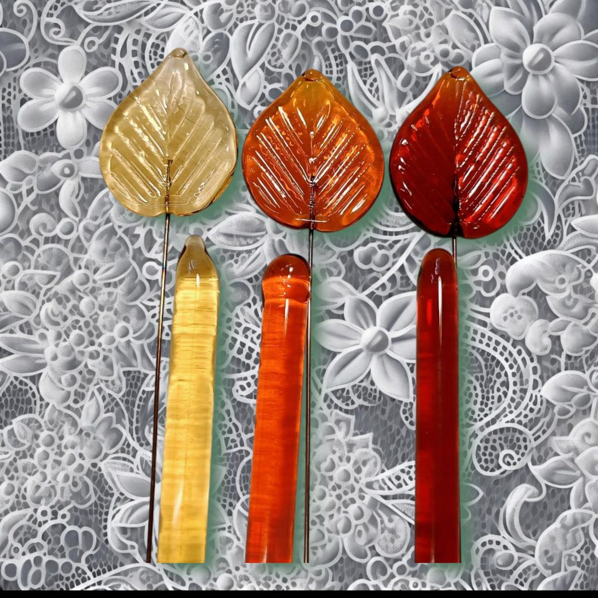 Amber Elegant Glass Leaves fall autumn, leaf on 5" wire, pendant, amber colors; handcrafted; jewelry, bouquet, plants, wedding, mixed media
