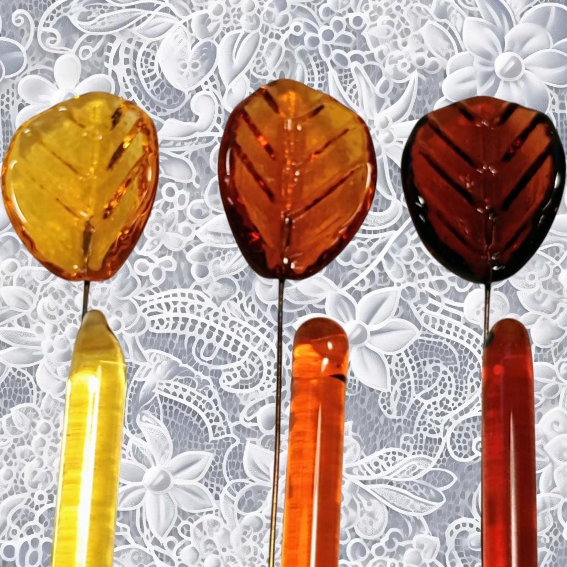 Amber Bent Glass Leaves fall autumn, leaf on 5" wire, variety of ambers; lampwork; pendant, jewelry, bouquet, plants, wedding, mixed media