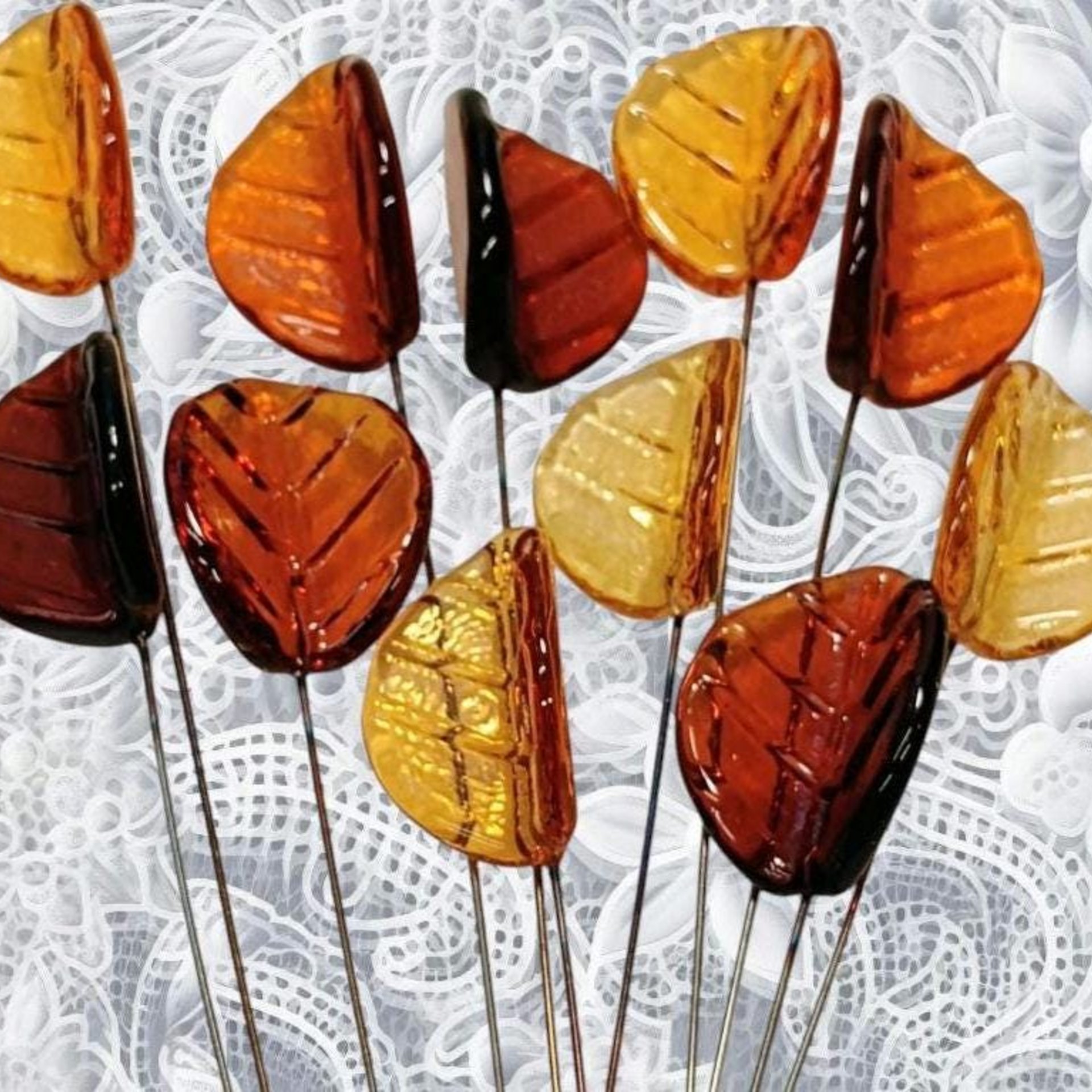 Amber Bent Glass Leaves fall autumn, leaf on 5" wire, variety of ambers; lampwork; pendant, jewelry, bouquet, plants, wedding, mixed media