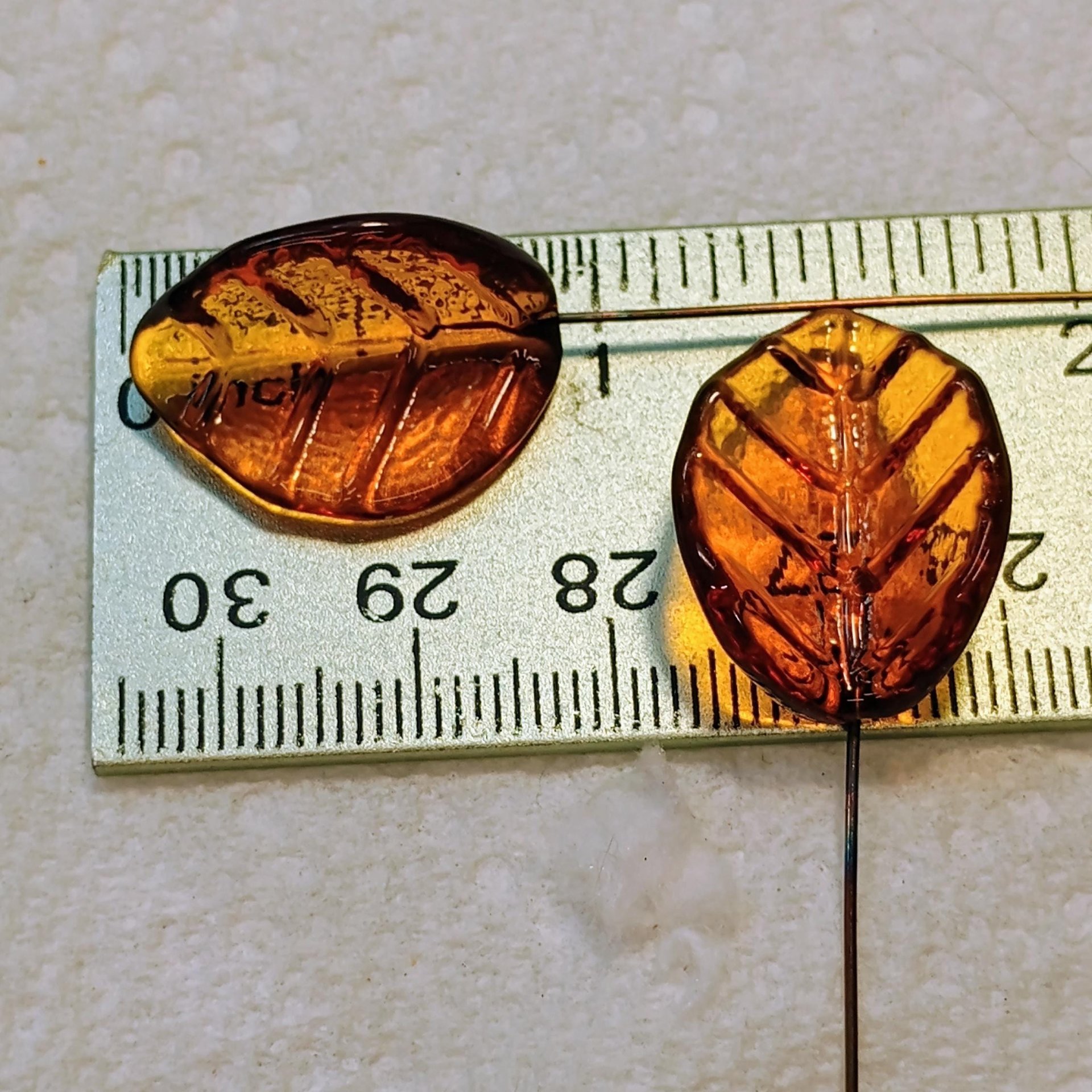 Amber Bent Glass Leaves fall autumn, leaf on 5" wire, variety of ambers; lampwork; pendant, jewelry, bouquet, plants, wedding, mixed media