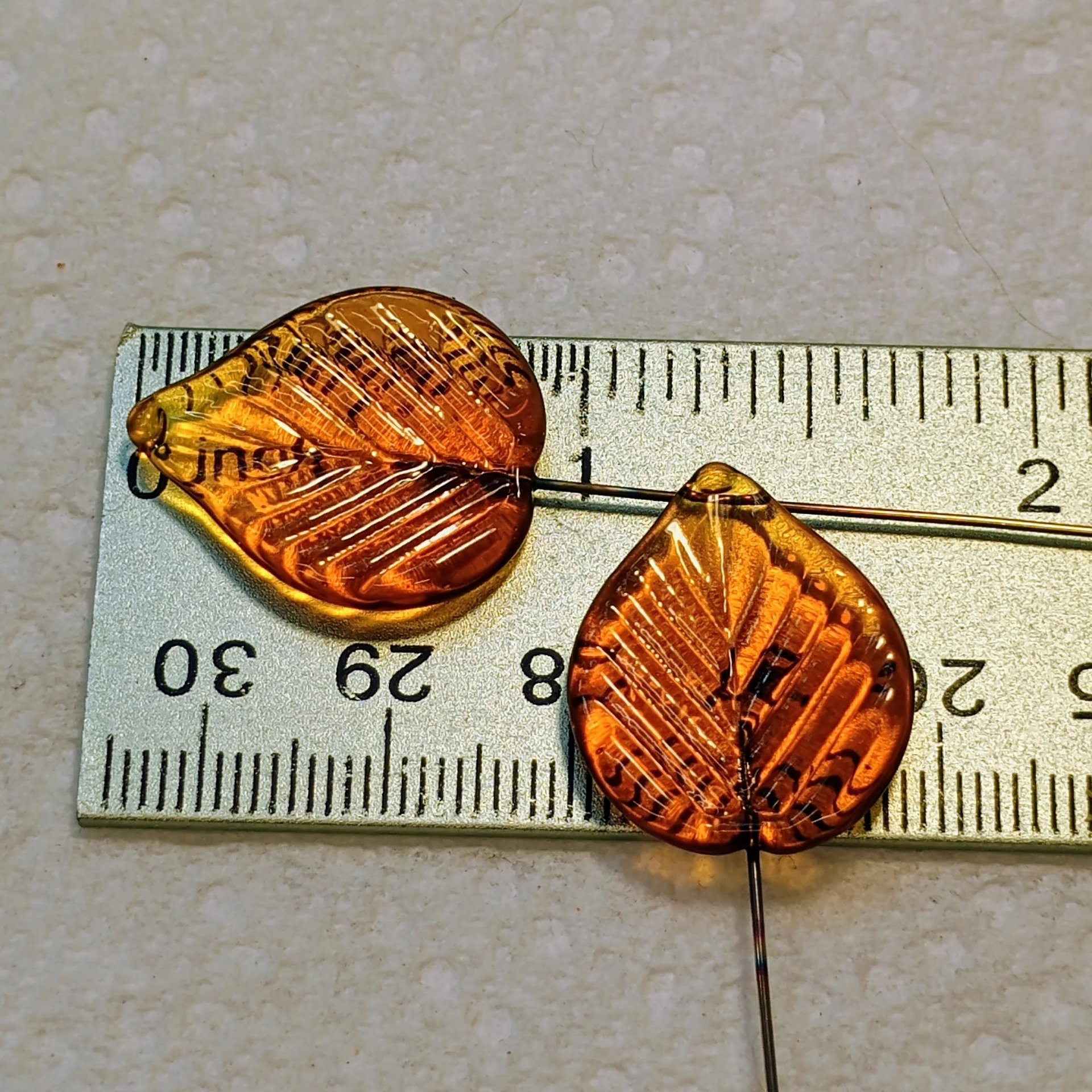 Amber Elegant Glass Leaves fall autumn, leaf on 5" wire, pendant, amber colors; handcrafted; jewelry, bouquet, plants, wedding, mixed media