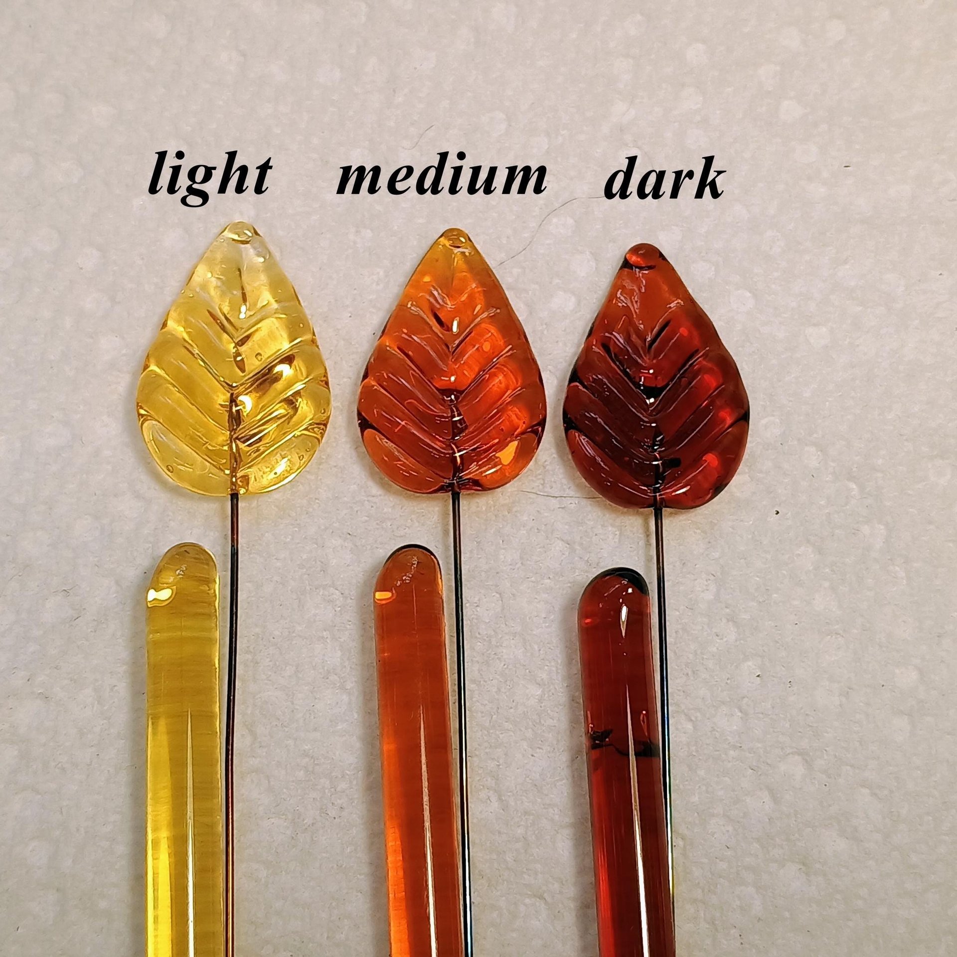 Amber Bent Glass Leaves fall autumn, leaf on 5" wire, variety of ambers; lampwork; pendant, jewelry, bouquet, plants, wedding, mixed media