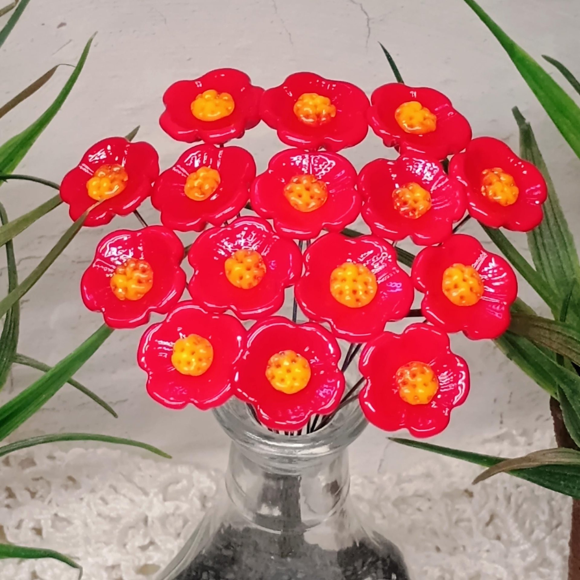 Red Embers Opaque UV Reactive - glass flowers on wire mini small tiny glass flowers; individually crafted lampwork, 395nm glows orange in UV