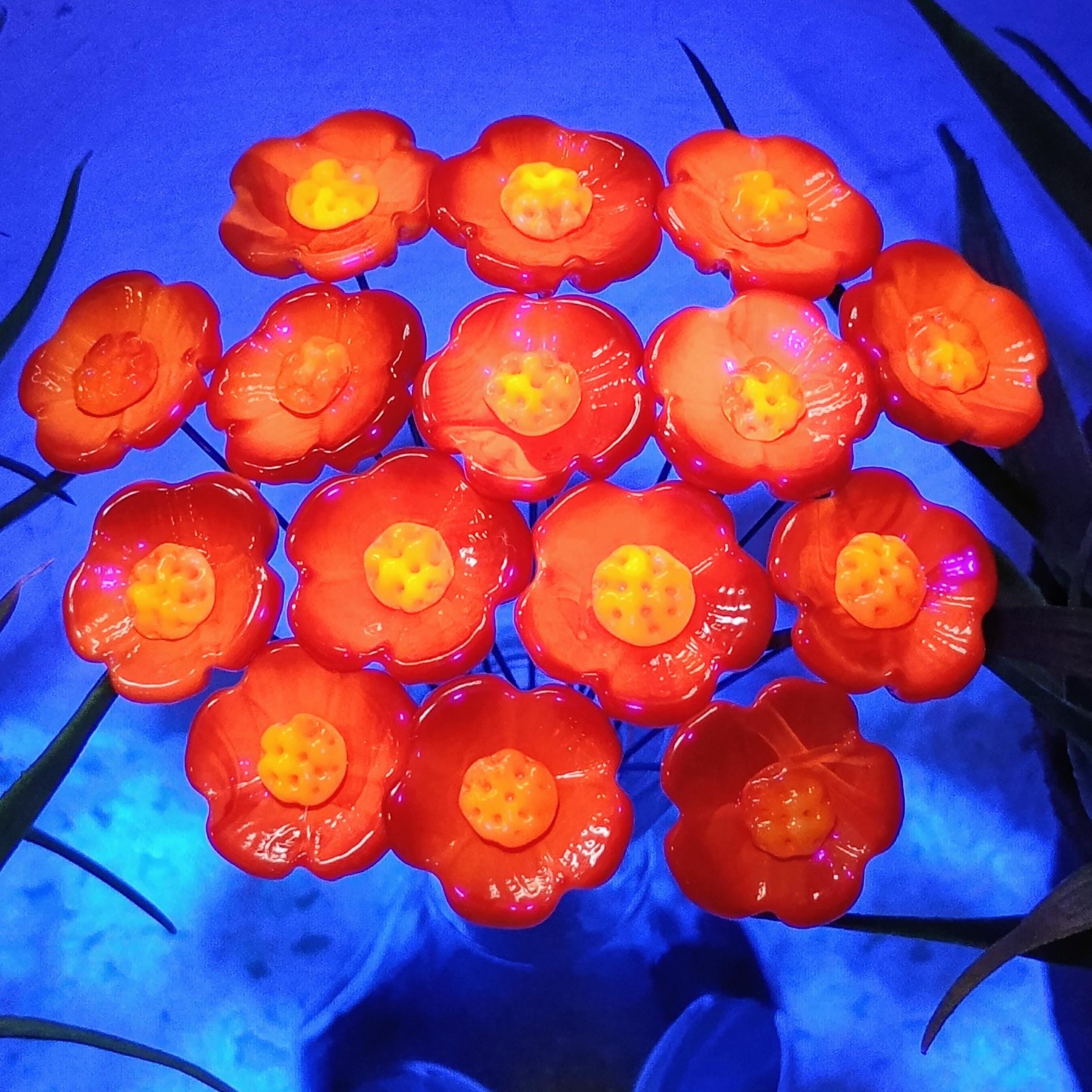 Red Embers Opaque UV Reactive - glass flowers on wire mini small tiny glass flowers; individually crafted lampwork, 395nm glows orange in UV