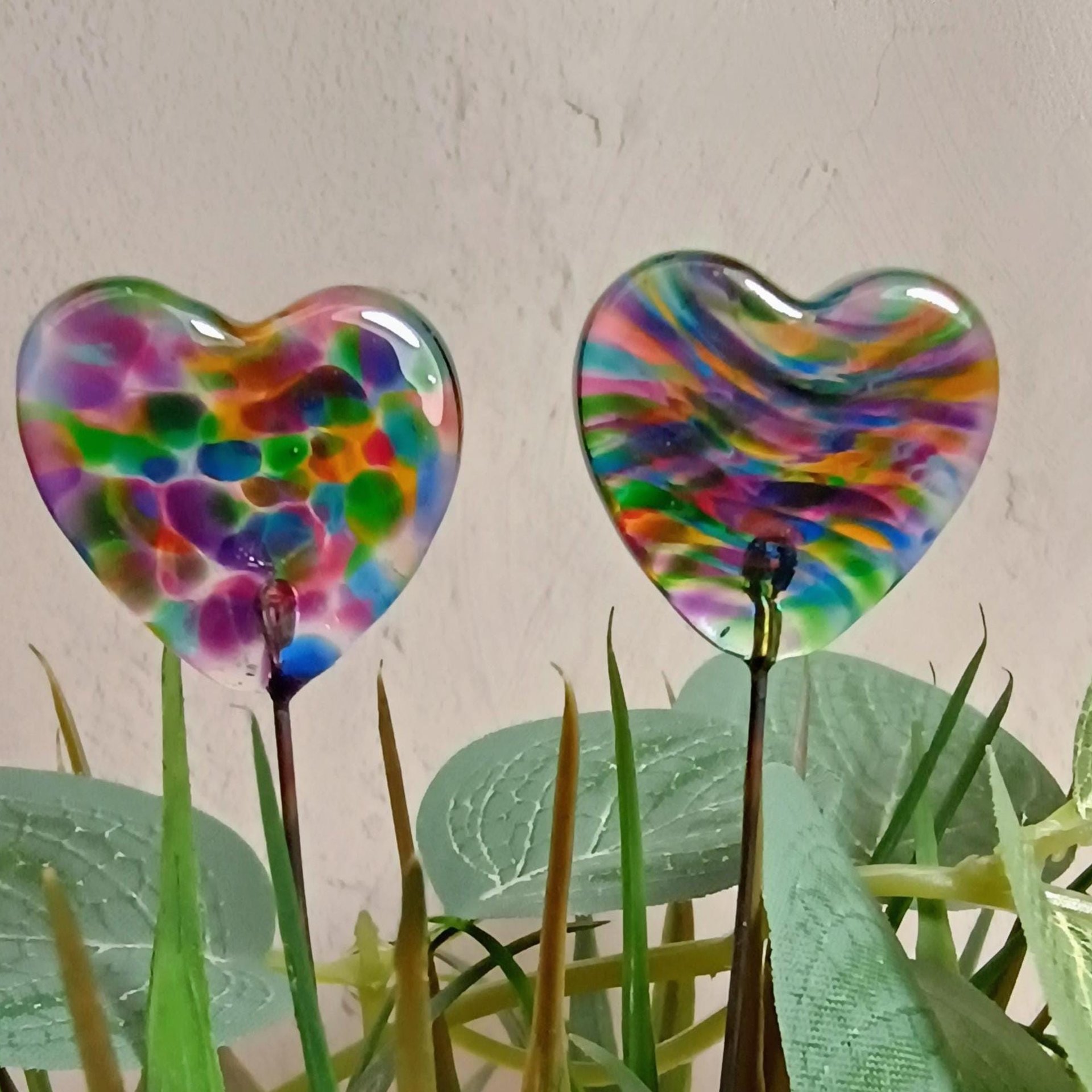 Glass Heart Prism Kaleidoscope Rainbow Heart on 5in wire. Use for floral bouquet, plants, jewelry, gifts; each unique Measures 3/4in x 3/4in