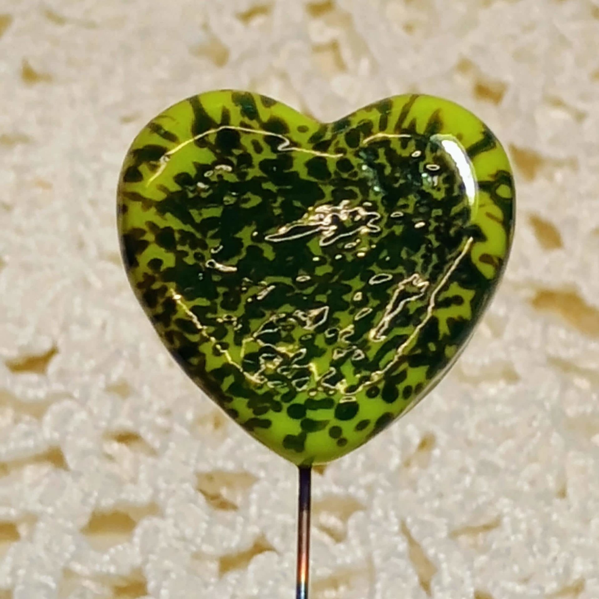 Glass Heart Plant Pick: Green Frog Skin Heart on 5in wire. Use for floral bouquet, plants, jewelry, gifts; each unique Measures 3/4in