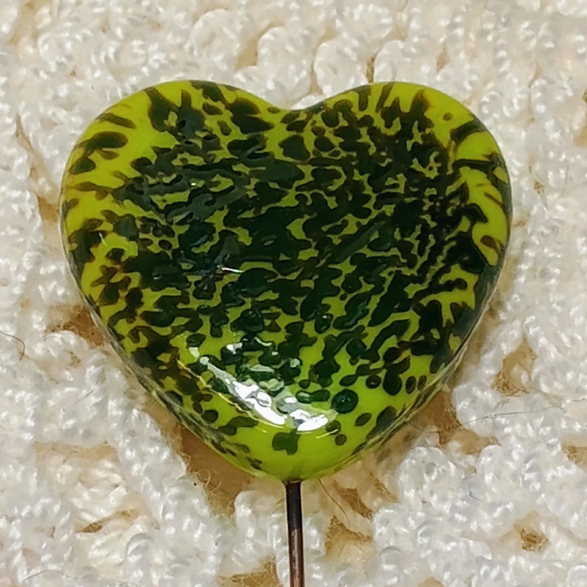 Glass Heart Plant Pick: Green Frog Skin Heart on 5in wire. Use for floral bouquet, plants, jewelry, gifts; each unique Measures 3/4in