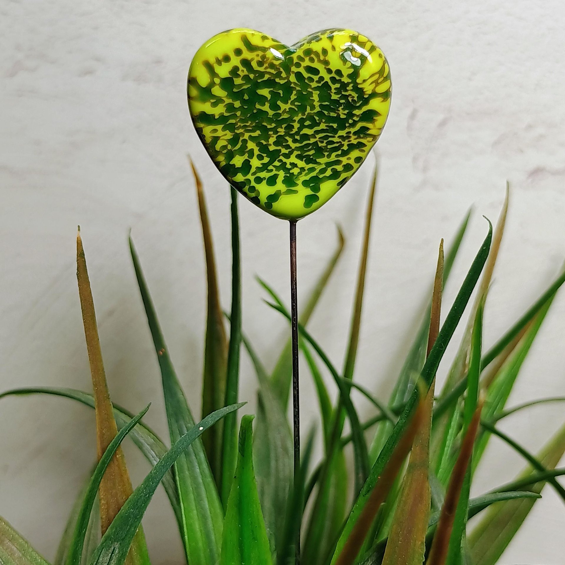 Glass Heart Plant Pick: Green Frog Skin Heart on 5in wire. Use for floral bouquet, plants, jewelry, gifts; each unique Measures 3/4in