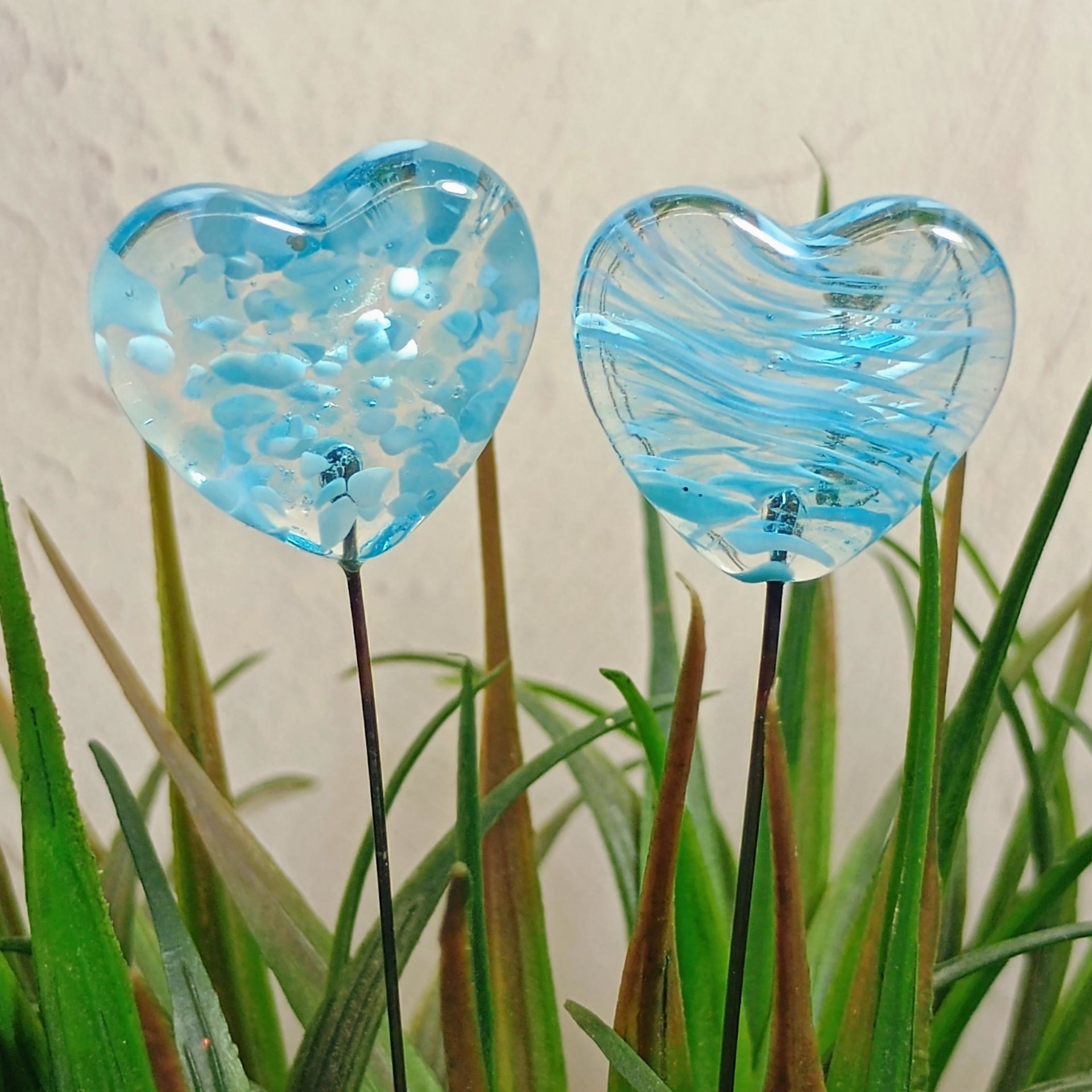 Glass Heart Turquoise Plant Pick on 5in wire. Use for floral bouquet, plants, jewelry, wedding cake or table decor, gifts; each unique 3/4in