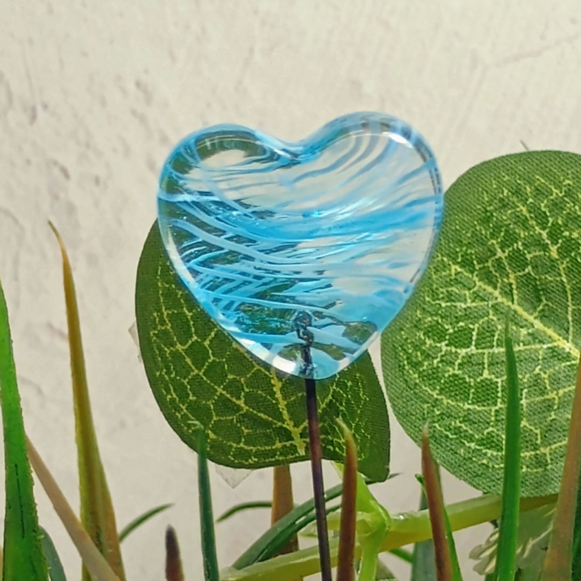 Glass Heart Turquoise Plant Pick on 5in wire. Use for floral bouquet, plants, jewelry, wedding cake or table decor, gifts; each unique 3/4in