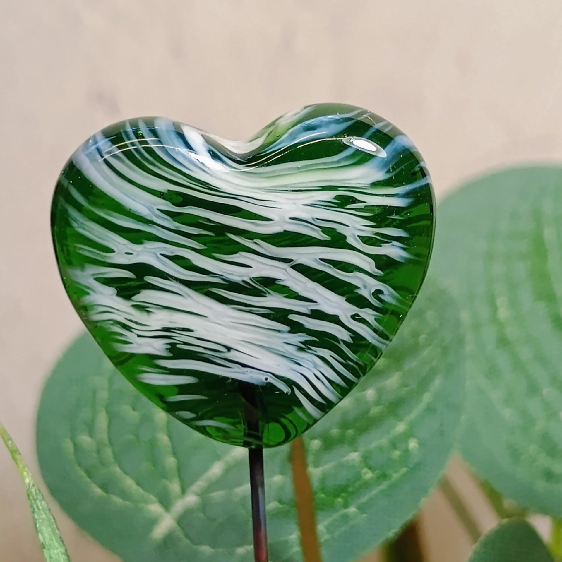 Glass Heart Plant Pick, Green White Swirl on 5in wire. Use for floral bouquet, wedding, cake decor, plants, jewelry, gifts; handmade 3/4in