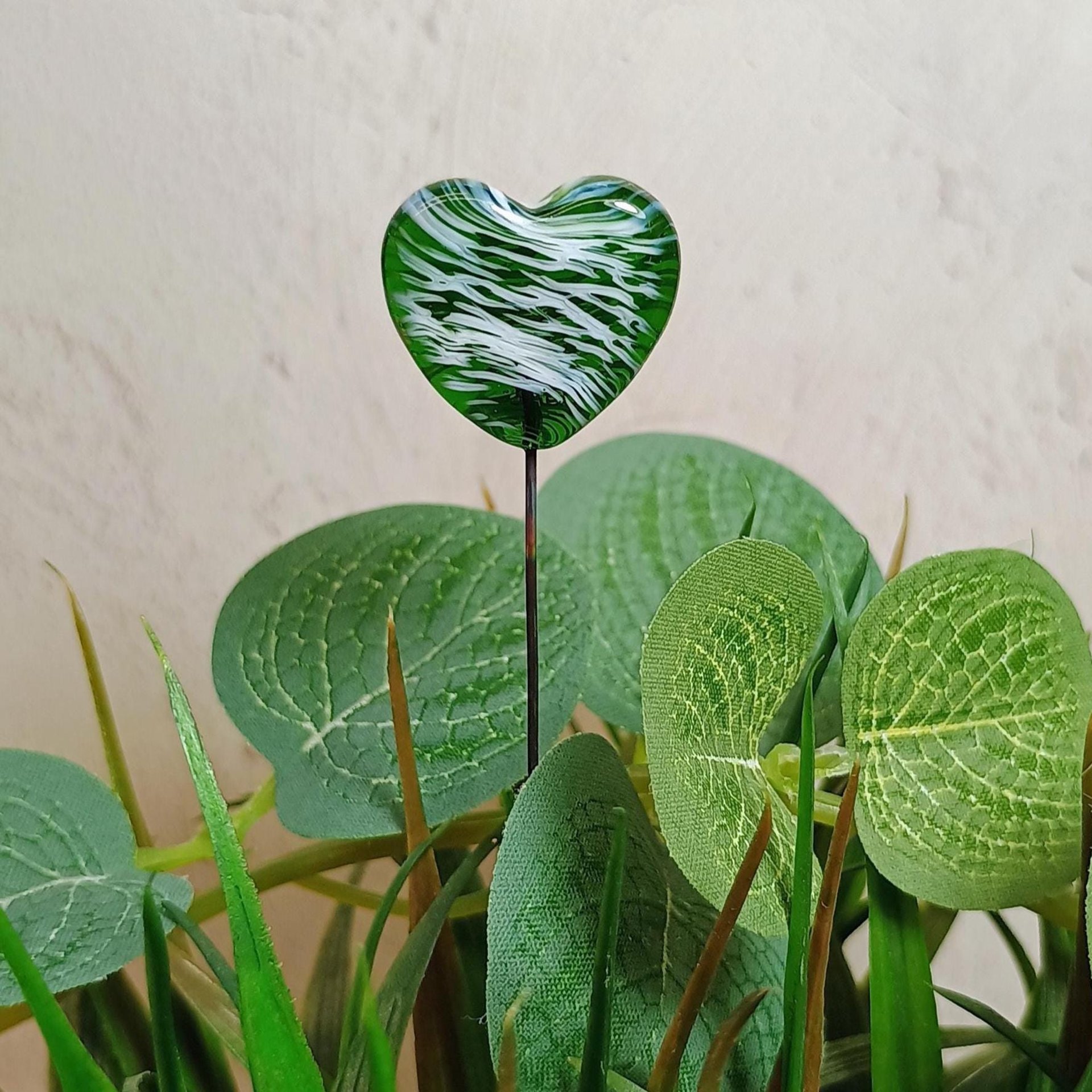 Glass Heart Plant Pick, Green White Swirl on 5in wire. Use for floral bouquet, wedding, cake decor, plants, jewelry, gifts; handmade 3/4in