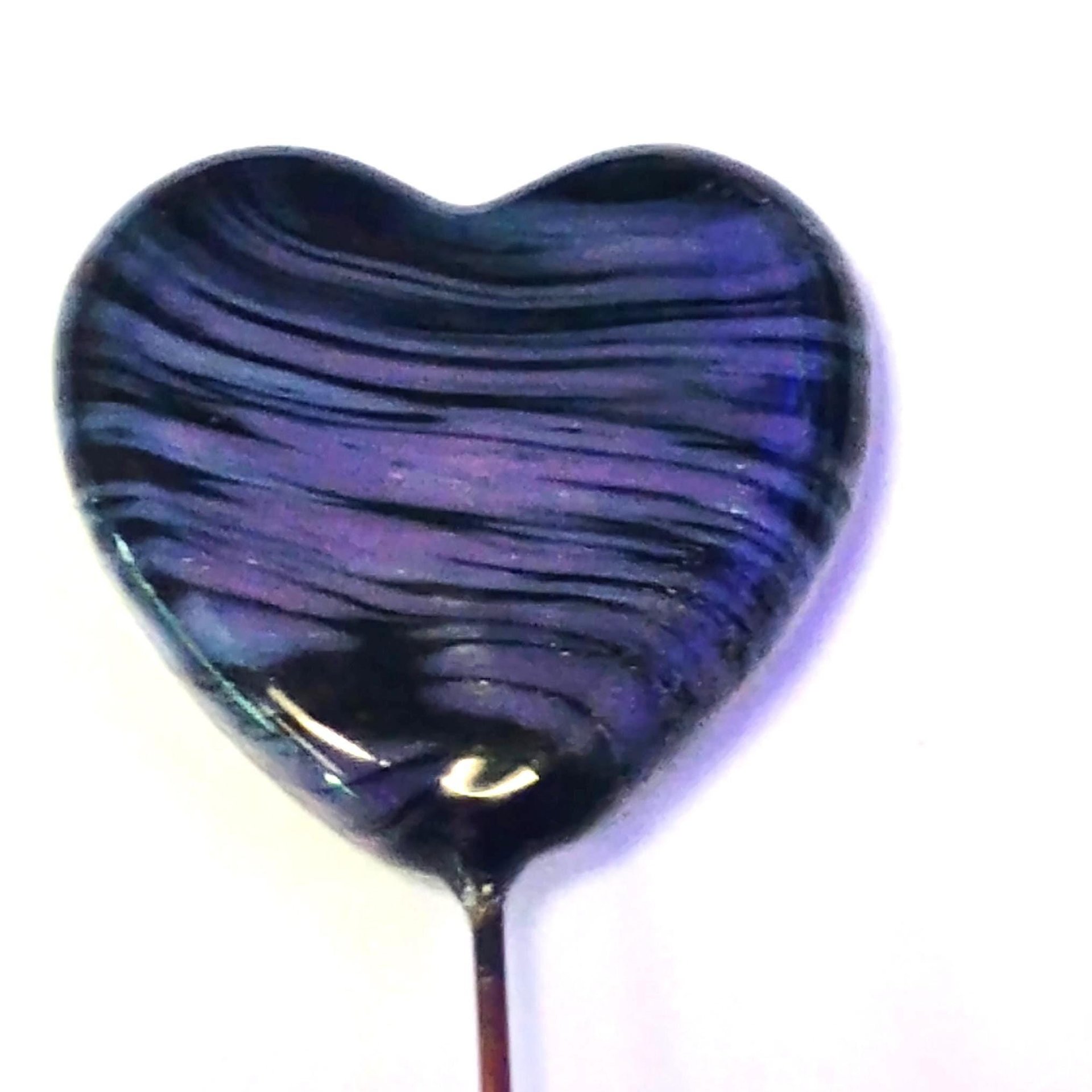 Glass Heart Plant Pick, Dark Purple Lavender Swirl on 5in wire. Use for floral bouquet, wedding, cake decor, plants, jewelry, gifts; 3/4in