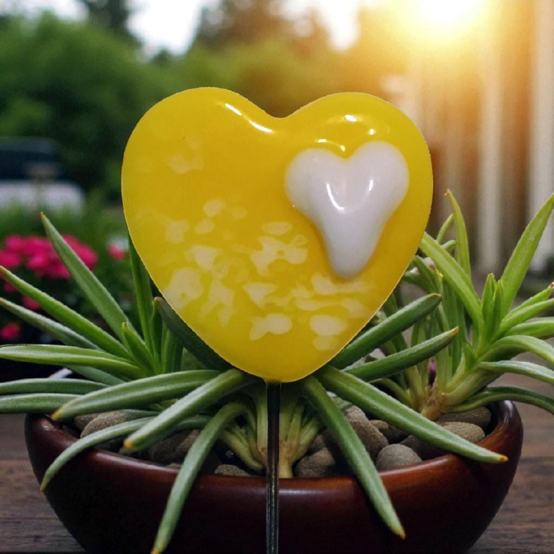 Glass Heart Plant Pick Bright Yellow w/ white heart on 5in wire. Use for floral bouquet, wedding, cake decor, plants, jewelry, gifts; 3/4in